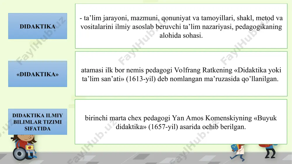 'naltilgan pedagog bilan o'quvchilaming tartiblangan o'zaro harakati. ta’lim - o'qitish jarayonida egallanadigan bilim, ko'nikma, malakalar, kompetensiya va fikrlash usullari tizimi. ko'nikma - egallangan bilimlarning aniq xatti-harakatdagi ifodasi, o'zlashtirilgan bilimlarni amaliyotga qo'llash usullarini egallash. malaka - avtomatlashgan, biror bir usul bilan bexato bajarish, ко‘nikmaning takomillashgan darajasi. kompetensiya - egallangan bilim, ko'nikma va malakalarni kundalik va kasbiy faoliyatda qo‘llay olish layoqati. mazmun - o'qitish jarayonida egallanishi lozim bo'lgan ilmiy bilim, amaliy ko'nikma va malakalar, faoliyat, fikrlash usullari tizimi. tashkil etish - qo'yilgan maqsadni samarali amalga oshirish uchun unga zaruriy shaklni taqdim etadigan, aniq mezonlar bo'yicha tartiblangan didaktik jarayon. shakl - o’quv jarayonining tashqi ifodasi, uning ichki mohiyati, mantig'i, mazmuni uchun qobiq. vosita — o'quv jarayonining predmetli qo'llab-quvvatlanishi, yangi materialni o'zlashtirish jarayonida o'qituvchi va o'quvchilar tomonidan foydalaniladigan obyekt. natija - o'quv jarayonining so'nggi mahsuli, belgilangan maqsadlaming amalga oshganlik darajasi. paradigma - aniq vaqt doirasida ilmiy jamoatchilikka muammolarni aniqlash va ularni hal etish modeli …