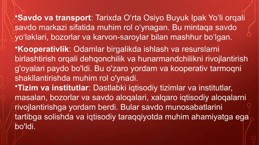 ng iste’mol buyumlariga bo‘lgan ehtiyojini to‘laroq qondirish imkonini beradi. qo’shin a’zolarining maoshi oddiy sipoh-1 ot bahosiga teng miqdorda maosh bahodirlar- 2 ot bahosidan 4 ot bahosigacha miqdordamaosh o’nboshi- o’z askarlariga nisbatan 2 barobar ko’p miqdorda maosh yuzboshi- o’nboshidan 2 marta ortiq miqdorida maosh «tuzuklarda» a.temur davrida soliq va jarimalami yig‘ish va xaij (sarf) qilishga alohida e’tibor berishgan. «xirojni yig'ish vaqtida, — deb uqtiriladi «temur tayinlansin. biri to‘plangan tuzuklari»da, - ikki vazir molni yozib, raiyat ahvolini tekshirib tursin, boj oluvchilar fuqaroga zulm qilib, ulaming ahvoliga xaroblik etkazmasinlar. viloyatlarda yig'ilgan barcha mol-ashyoni kirim daftariga yozishlari lozim. ikkinchi vazir esa, sipoh chiqim daftariga yozib, yig'ilgan mollardan maoshiga taqsim qilsinlar». demak, ko‘rinib turibdiki, hisob-kitob ishlari to‘g‘ri yo‘lga qo'yilishi talab etilgan. xiroj, odatda, sug‘oriladigan yerlarda jami hosilning uchdan biri (33 foiz), lalmikor yerlarda to‘rtdan biriga (25 foiz) teng bo‘lgan miqdorda to‘plangan. bu raqamlar uning hozirgi davrdagi daromad solig'i atrofida bo‘lganligini ko‘rsatib turibdi. 2. shohrux mirzo …