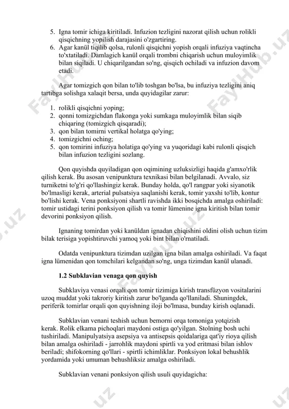 ositalarini uzoq muddat yoki takroriy kiritish zarur bo'lganda qo'llaniladi. shuningdek, periferik tomirlar orqali qon quyishning iloji bo'lmasa, bunday kirish oqlanadi. subklavian venani teshish uchun bemorni orqa tomoniga yotqizish kerak. rolik elkama pichoqlari maydoni ostiga qo'yilgan. stolning bosh uchi tushiriladi. manipulyatsiya asepsiya va antisepsis qoidalariga qat'iy rioya qilish bilan amalga oshiriladi - jarrohlik maydoni spirtli va yod eritmasi bilan ishlov beriladi; shifokorning qo'llari - spirtli ichimliklar. ponksiyon lokal behushlik yordamida yoki umuman behushliksiz amalga oshiriladi. subklavian venani ponksiyon qilish usuli quyidagicha: 1. terining teshilish joyi aniqlanadi - 1-qovurg'aning yuqori yuzasining xaftaga va suyak qismlari chegarasida subklavian mintaqada suyak pürüzlülüğü palpatsiya qilinadi (bu holda bemorning boshini teskari tomonga burish kerak. ). 1. teri klavikulaning ichki va o'rta uchdan bir qismining chegarasida uning pastki chetidan 1 sm pastda teshiladi. teshilgandan so'ng, igna yoqa suyagiga parallel ravishda biroz oldinga siljishi va bo'yinbog' ostiga o'rta chiziqqa yo'naltirilishi kerak. 1. bemordan nafasini ushlab turish so'raladi va …
