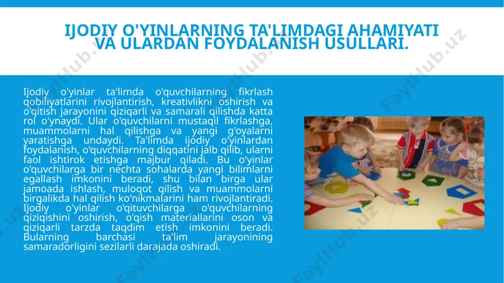 tni boshqarish yoki puan tizimi qo'llanishi mumkin. texnologik jihatdan o'yin ishlab chiqish uchun bir nechta platforma va dasturlash tillari kerak bo'ladi. masalan, unity yoki unreal engine kabi o'yin yaratish platformalari, o'yinning uch o'lchamli grafikasini yaratish uchun kerakli vositalarni taqdim etadi. agar o'yin mobil qurilmalar uchun ishlab chiqilsa, android studio yoki xcode kabi mobil platformalar uchun mos dasturlar ishlatiladi. foydalanuvchi interfeysi va o'yin dizayni uchun html, css va javascript kabi web texnologiyalari yoki o'yinlar uchun maxsus dizayn dasturlari, masalan, sketch yoki figma, ishlatiladi. ijodiy o'yinlarning interaktivlik va motivatsiya ta'siri. o'yinlar motivatsiyani oshiradi, chunki ular o'quvchilarga o'z muvaffaqiyatlarini ko'rish va belgilangan maqsadlarga erishish uchun rag'bat beradi. o'yinlarning elementlari, masalan, ball tizimi, yutuqlar, mukofotlar va darajalar, o'quvchilarni o'z maqsadlariga erishish uchun harakat qilishga undaydi. bunday motivatsiya o'quvchilarni o'qishga, yangi bilimlarni o'zlashtirishga va murakkab vazifalarni hal qilishga rag'batlantiradi. o'yinlar, shuningdek, o'quvchilarga xatolik qilish va undan o'rganish imkoniyatini beradi, bu esa o'z-o'zini rivojlantirish va o'ziga …