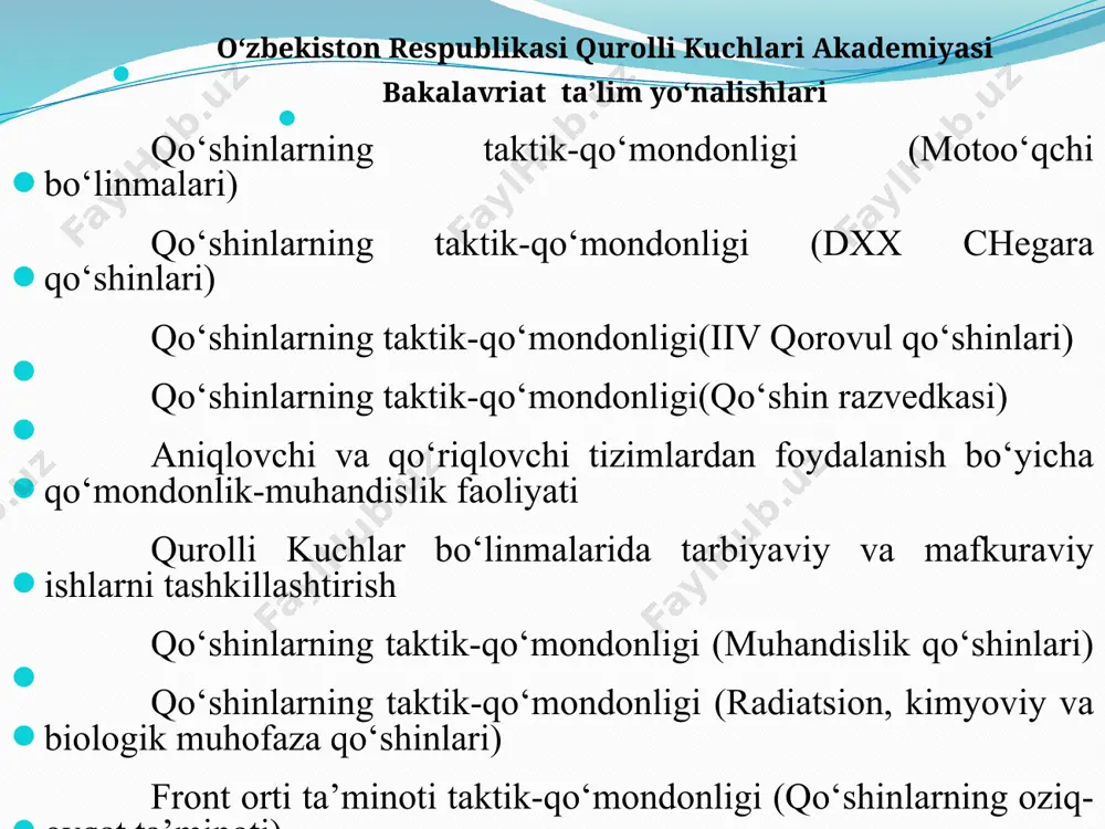 farzandlari uchun ikki foizli kvota ajratiladi. 3. oliy harbiy ta’lim muassasalariga tanlash va qabul qilish ushbu nizomga 2-ilovaga muvofiq sxema bo‘yicha bosqichma-bosqich amalga oshiriladigan tanlash bo‘yicha tadbirlar kompleksiga binoan amalga oshiriladi. 4. oliy harbiy ta’lim muassasalari tinglovchilari kontingentini sifatli butlash uchun: harbiy-professional yo‘nalish; dastlabki tanlash; harbiy-professional tanlash; test sinovlarini nazarda tutuvchi kompleks bosqichma-bosqich tanlash amalga oshiriladi. 5. harbiy professional yo‘nalish — shaxsiy mayllarga, qiziqishlarga, qobiliyatlarga muvofiq va turli mutaxassisliklar bo‘yicha harbiy kadrlarga bo‘lgan ehtiyojlarni hisobga olgan holda yoshlarni harbiy kasbni asosli tanlash bo‘yicha maqsadga yo‘naltirilgan, rejalashtirilgan faoliyat. 6. dastlabki tanlash — oliy harbiy ta’lim muassasalariga kirishga qaror qilgan fuqaro yoki harbiy xizmatchiga tegishli ma’lumotlarni, uning ta’lim muassasasidagi o‘zlashtirishi darajasini, individual-psixologik xususiyatlarini, jismoniy tayyorgarligi va sog‘lig‘i haqidagi ma’lumotlarni dastlabki to‘plash va o‘rganish. 7. harbiy-professional tanlash — yakka tartibdagi yakuniy suhbatda uzil-kesil ko‘rib chiqish uchun nomzodning asoslangan va psixofiziologik xususiyatlarini, tayyorlanganligi va ko‘nikmalarini, shuningdek sog‘lig‘i va umumjismoniy tayyorgarligini hisobga olgan holda uning …
