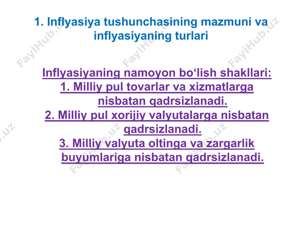 ziy banklari m2 pul agregatini o‘sishini nazorat qiladi. 3. inflyasiyaga qarshi kurashish yo‘llari 4. tovarlar ishlab chiqarish hajmini qisqarishiga yo‘l qo‘ymaslik tovarlar ishlab chiqarish hajmining qisqarishi tovarlar defisitini yuzaga keltiradi va buning natijasida tovarlarning baholari oshadi. 3. inflyasiyaga qarshi kurashish yo‘llari 5. ish haqining o‘sishini cheklash ushbu usul boy mamlakatlar bilan qo‘shni bo‘lgan davlatlarda muvaffaqiyatli qo‘llanilgan. masalan, meksikada ushbu usul qo‘llanilganda fuqarolar aqshga ishlashga , pol'shada qo‘llanilganda fuqarolar germaniyaga ishlashga yoppasiga ketishgan. 3. inflyasiyaga qarshi kurashish yo‘llari 6. soliq yukining og‘irlashishiga yo‘l qo‘ymaslik soliq yukining og‘irlashishi tovarlar ishlab chiqaruvchi korxonalarni tovarlarning baholarini oshirishga majbur qiladi. buning oqibatida inflyasiya darajasi oshib ketadi. 3. inflyasiyaga qarshi kurashish yo‘llari 7. tabiiy monopoliyalar mahsulotlari va xizmatlarining baholarini o‘sishini cheklash rossiyada 2016 yilda tabiiy monopoliyalar mahsulotlari va xizmatlari baholarining o‘sishini cheklashga muvaffaq bo‘linganligi inflyasiyaning maqsadli ko‘rsatkichiga erishish imkonini berdi. 2016 yilda mazkur baholarning o‘sish sur'ati 1,3 foizni tashkil etdi.
