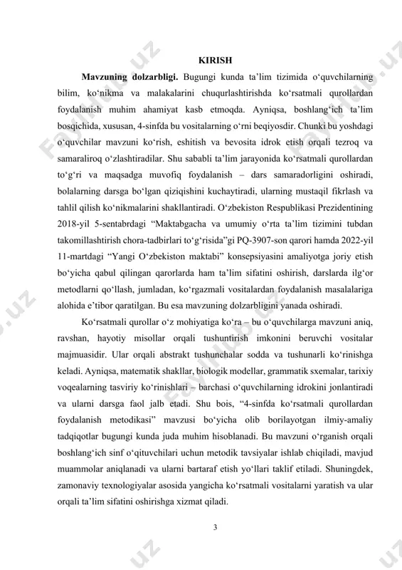i ishlab chiqish; · ta’lim samaradorligiga ko‘rsatmali qurollarning ta’sirini baholash; · pedagogik tajriba va kuzatishlar asosida muammolarni aniqlash va ularni bartaraf etish yo‘llarini taklif qilish; · boshlang‘ich sinf o‘qituvchilari uchun metodik tavsiyalar ishlab chiqish; kurs ishining obyekti. umumiy o‘rta ta’lim muassasalarining 4-sinf o‘quv jarayonidir. kurs ishining predmeti. 4-sinf darslarida ko‘rsatmali qurollardan foydalanish metodikasi va bu vositalarning o‘quvchilarning bilim, ko‘nikma va malakalarini shakllantirishdagi o‘rni va ta’siridir. kurs ishining tuzilishi: kirish, 2 ta bob, umumiy xulosa va foydalanilgan adabiyotlar ro‘yxatidan iborat. i-bob. boshlang‘ich ta’limda ko‘rsatmali qurollarning ahamiyati 1.1. ko‘rsatmali qurollarning ta’limdagi o‘rni va vazifalari boshlang‘ich ta’lim bosqichida o‘quvchilarga ta’lim berish jarayonida ularning yosh xususiyatlari, psixologik holati va idrok qilish darajasi inobatga olinadi. ayniqsa, 4-sinf o‘quvchilari mavzuni eshitish yoki o‘qish orqali emas, balki ko‘rish, kuzatish va amalda bajarish orqali yaxshi o‘zlashtiradilar. shu sababli, o‘qituvchi o‘z faoliyatida turli xil ko‘rsatmali qurollardan foydalansa, bu dars samaradorligini oshiradi, o‘quvchilarda fanlarga qiziqish uyg‘otadi, mustahkam bilim olishga xizmat …