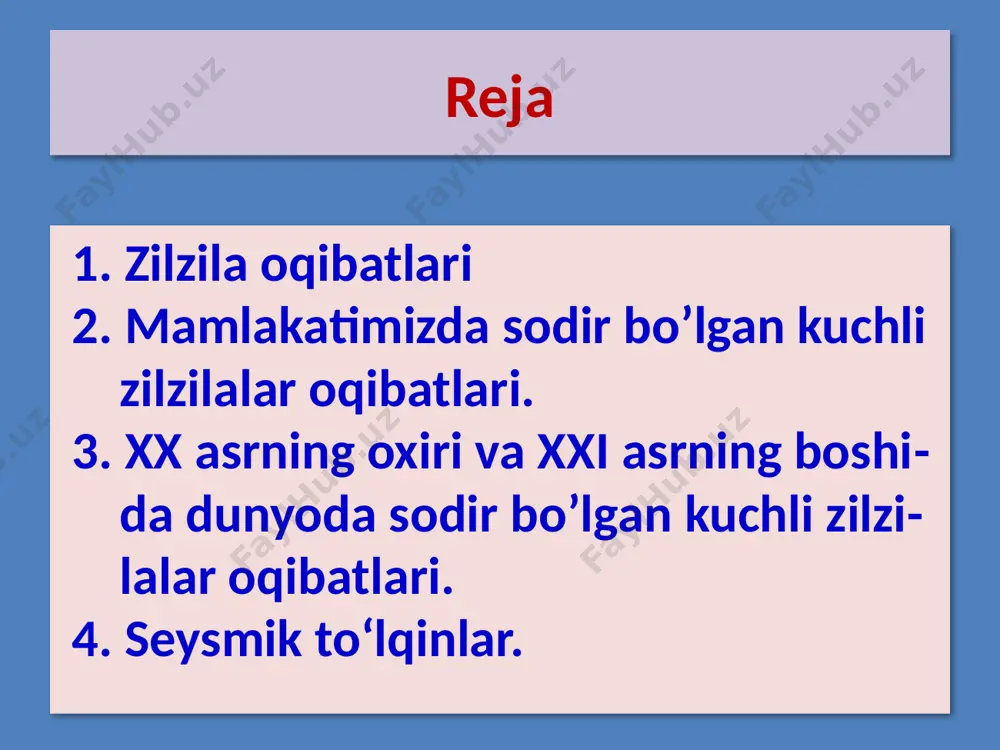 8 ball – buzuvchi. xom g’ishtdan qurilgan imoratlar butunlay vayronaga aylanadi, ancha pishiq qilib qurilgan imoratlarda ham yoriqlar paydo bo’ladi, uy tepasidagi mo’rilar yiqiladi, ba’zi daraxtlar butun tanasi bilan yiqiladi, sinadi, tog’lik joylarda qulash, surilish hodisalari yuz beradi. 9 ball – vayron qiluvchi. yer qimirlashiga bardosh beradigan qilib qurilgan imorat va inshootlar ham qattiq shikastlanadi. oddiy imoratlar butunlay vayron bo’ladi, yer yuzasida yoriqlar paydo bo’ladi, yer osti suvlari sizib chiqishi mumkin. 10ball – yakson qiluvchi. hamma imoratlar yakson bo’ladi. temir yo’l izlari to’lqinsimon shaklga kelib bir tomonga qarab egilib qoladi, yer osti injenerlik quvurlari uzilib ketadi, cho’kish hodisalari yuz beradi. suv havzalari to’lqinlanib qirg’oqqa uriladi, qoyali yon bag’irlarda katta-katta surilish hodisalari sodir bo’ladi. 11ball – fojeali. hamma imoratlar deyarli vayron bo’la­di, to’g’onlar yorilib ketadi, temir yo’llar butunlay ishdan chiqadi, yerning ustki qismida katta-katta yoriqlar paydo bo’ladi, yer ostidan balchiqlar ko’tarilib chiqadi, surilish, qulash hodisalari nihoyasiga yetadi. 12ball – o’ta fojeali. …