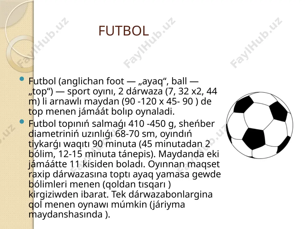 an ózbekstan birinshiligi) úzliksiz túrde ótkerila baslandı. 1956 -jılda tashkentte „paxtakesh“ komandasınıń dúziliwi hám sol nomdagi stadion qurılısı respublikada f. dıń rawajlanıwına dúmpish boldı. 20 -ásirdiń 80-jıllarından ózbekstanda f. chilarning jańa áwladın tárbiyalawǵa kiriwildi. m. qosimov, i. shkvirin, a. abduraimov, m. shatskix ózbekstandaǵana emes, aziya hám basqa qitalarda da at qazandılar. 1959 -jılda islengen ózbekstan futbol federatsiyasi 1992-jılda (keyin 2001-jılda ) qayta dizimnen ótti. 1992-jıldan f. boyınsha ózbekstan milliy chempionati hám kubogi, túrli taypa daǵı jarıslar ótkerip kelinyapti, f.jámáátleriniń xalkaro ushırasıwlarda qatnasıwı támiyinlanayapti. ministrler mákemesiniń „ózbekstan respublikasında futboldı jáne de rawajlandırıw ilajları tuwrısında“ (1993-jıl 18-mart ) hám de „ózbekstanda futboldı rawajlandırıwdıń shólkemlestirilgen tiykarları hám principlerin tupten jetilistiriw ilajtadbirlari tuwrısında“ (1996 -jıl 17 yanv.) gi qararları f. dagi yutukdarga jay jarattı. . ferǵananıń „neftchi“ klubı mdh kubogining finaliga shıqtı (1994), „paxtakesh“ klubı aziya chempionler ligası yarım finalida oynadı (2003, 2004), mámleket jaslar terme jámááti jáhán chempionati final basqıshında qatnasdı (2003), ózbekstan …