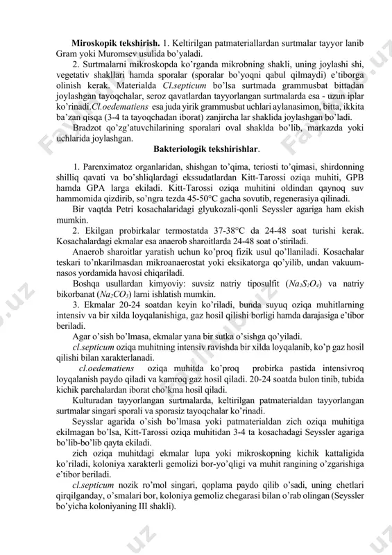 yil saqlanadi. qaynatganda 1-2 soatda o’ladi. patogenligi. cl.septicum va cl.septicum bilan barcha turdagi hayvonlar zararlanadi. laboratoriya hayvonlaridan dengiz cho’chqalari moyil. cl.oedematiens organizmda va elektiv oziq muhitlarda tarkibida sakkizta komponenti bor juda aktiv va murakkab toksin ajratadi. ulardan alfa-, beta-, gamma- va delta-toksinlar yaxshi o’rganilgan. alfa-toksin – termolobil, letal, nekrotik, kapillyarli zahar. to’qimalarni nekrozga uchratib, dirilloq shish hosil qilib, o’limga olib keladi. beta-toksin – fosforlipaza c (lesitinaza). nekrotik, gemolitik va letal ta’asir qiladi. gamma-toksin – fosforlipaza dning nekrotik va gemolitik faktorlari. delta-toksin – kislorodlobil gemolizin. cl.oedematiens ning ekzotoksinlari boshqa gazli gangrena qo’zg’atuvchilarinikidan kuchli. toksin 500c da 30 minutda parchalanadi. antigen tuzilishi. toksinning eruvchi antigenlari tarkibi bo’yicha cl.oedematiens ning 4 ta tipi farqlanadi – a, b, c, d. cl.oedematiens ning a tipi odam va hayvonlarda gazli gangrenani chaqiradi, bradzotda ham ajraladi. afa-, beta-, gamma- va delttoksinlar ajratadi. b tipi- qo’ylarda bradzot, qoramol, cho’chqa va qo’ylarda infeksion-nekrotik gepatit, hamda odamlar va o’txo’rlarda gazli …