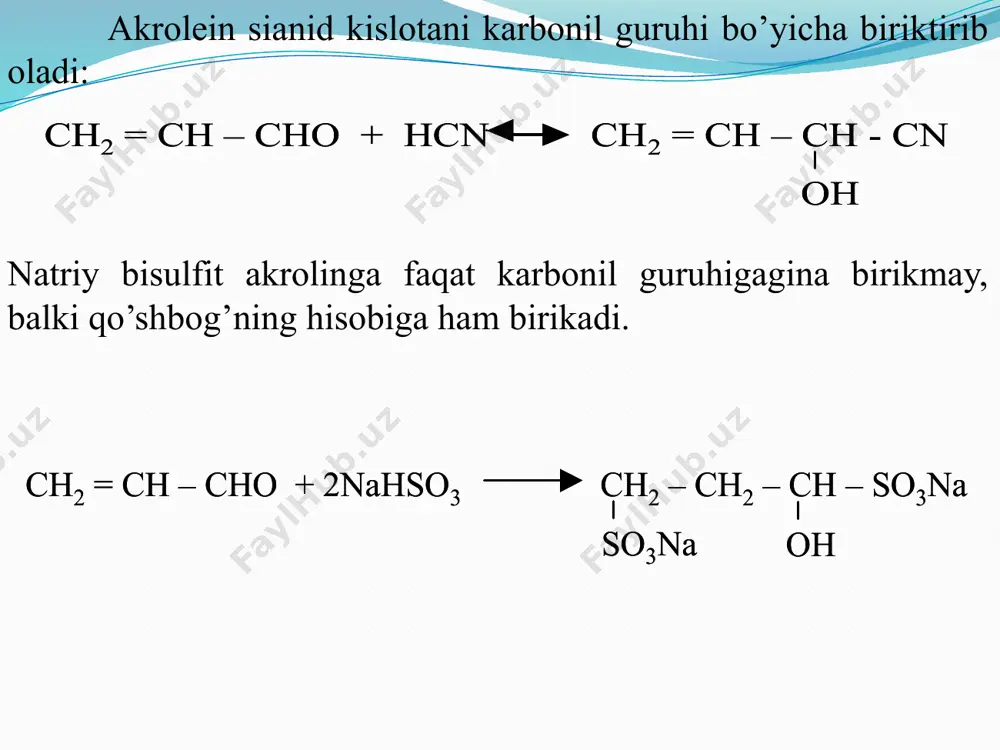beruvchi faol oraliq modda bo’lib xizmat qiladi: bu jarayonda dastlabki modda sifatida aromatik uglevodorodlardan tashqari fenollarning efirlari ham ishlatilshi mumkin. 2. to’yinmagan ketonlar aromatik aldegidlarning yog’ qator ketonlari bilan o’zaro ta’siri natijasida olinishi mumkin: fizik va kimyoviy xususiyatlari. aromatik ketonlar yoqimli gul hidiga ega bo’lgan, suvda erimaydigan suyuq yoki qattiq moddalardir. aromatik ketonlarning reaksiyaga kirishuvchanlik qobilyati yog’ qator ketonlarnikiga qaraganda past. ular yog’ qator ketonlari kirishadigan ayrim reaksiyalarga kirishmaydilar. masalan, aromatik ketonlar natriy-bisulfiti bilan reaksiyaga kirishmaydilar. 1. ko’pchilik aromatik ketonlar vodorod, sianid kislota, fosforning xlorli birikmasi, gidroksilamin, gidrazin va boshqalar bilan yog’ qator ketonlari kabi ta’sir etadilar: aromatik ketoksimlarda ham yog’ qator ketoksimlardagi kabi bekman qayta guruhlanishi katta ahamiyat kasb etadi. bekman qayta guruhlanishi kislota angidridlari va xlor angidridlari ta’sirida boradi. ikki xil (sin - va anti) shakldagi ketoksinlar ikki xil amid hosil qiladilar: 2. aromatik ketonlarga vodorodning birikishi natijasida reaksiya sharoitiga qarab, turli moddalar hosil bo’ladi. ketonlarni natriy metallini …