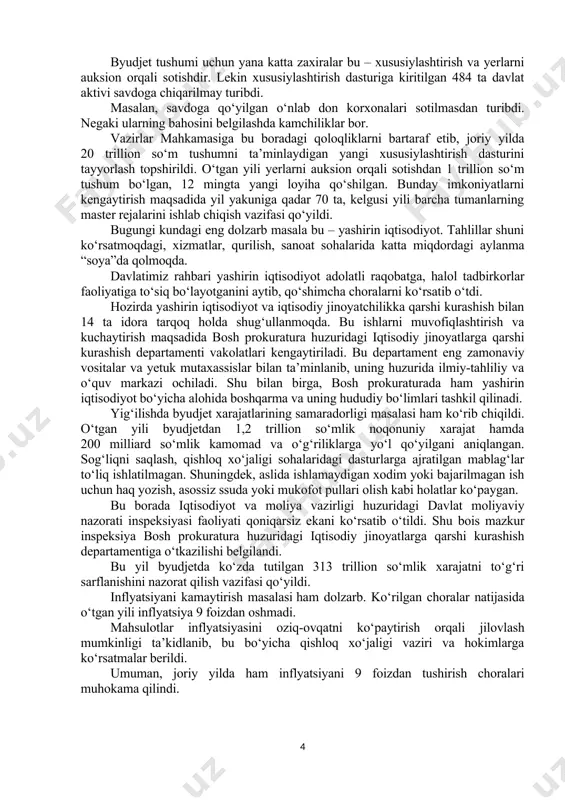 an iqtisodiy kompleks xodimlari juda qattiq ishlashi kerakligini ta’kidladi. masalan, umumiy sanoat hajmi o‘sgani bilan, ishlab chiqarishda qo‘shilgan qiymat 40 foizdan oshmayapti. bular asosan importga qaramlik, energiya iste’moli yuqoriligi va ortiqcha xarajatlar ko‘pligi sababli bo‘lmoqda. shu bois iqtisodiy kompleks rahbarlari va barcha davlat korxonalari uchun “2024 yil – tannarxni qisqartirish va samaradorlik yili” bo‘lishi lozimligi ta’kidlandi. xaridlar va logistikani maqbullashtirish, energiya resurslarini tejash va raqamlashtirish orqali qancha xarajatni kamaytirish mumkinligi tarmoqlar kesimida ko‘rsatib o‘tildi. joriy yilda yirik tarmoqlarda qo‘shilgan qiymatni 45 foizdan oshirish, tannarxni 15 foizga kamaytirish, jami sanoatda 7 foiz o‘sishni ta’minlash bo‘yicha vazifalar belgilandi. shu bilan birga, iqtisodiy kompleksdagi rahbarlar faoliyatini oylik, choraklik va yillik samaradorlik ko‘rsatkichlari (kpi) bilan bog‘lash, o‘rinbosarlar sonini ko‘rib chiqish taklifi ilgari surildi. yig‘ilishda moliyaviy intizom masalasiga alohida to‘xtalib o‘tildi. o‘tgan yili ayrim davlat korxonalari tomonidan dividend va soliq to‘lovlari bo‘yicha byudjetga 8 trillion so‘m tushum ta’minlanmagan. sirdaryo va jizzax viloyatlarida soliq tushumlari 20 …