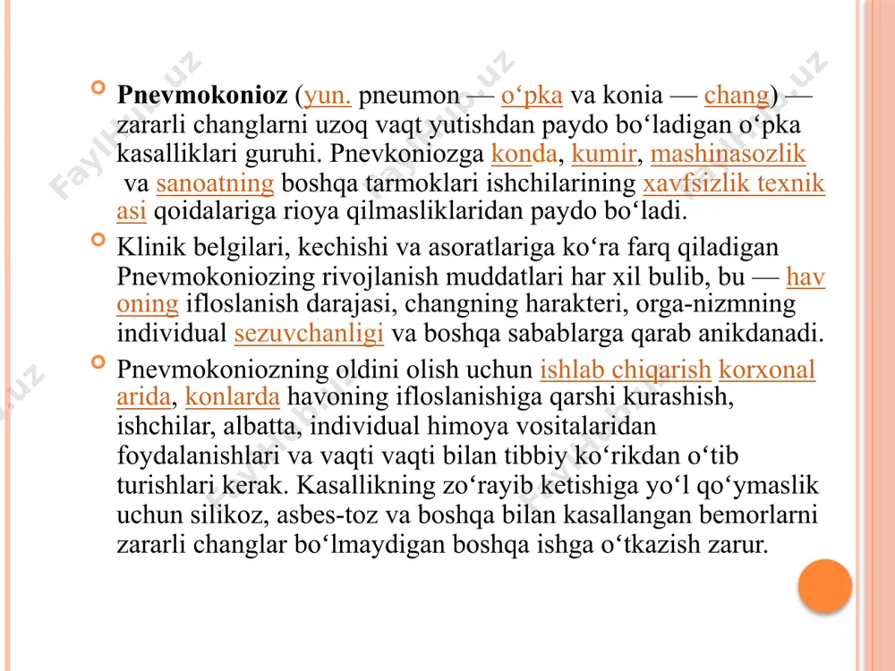 o‘pka alveolalariga tushadi va u yerdan fagotsitlar yordamida transportirovka qilinib, hujayralararo bo‘shliqqa o‘tadi va pnevmokonioz rivojlanadi. chang xarakteriga qarab pnevmokoniozlarning bir necha turlari tafovut qilindi: silikoz tarkibida kremniy dioksidni saqlagan chang zarralari asosidagi pnevmokonioz. silikatoz tarkibidagi asbest, talk, sement, kaolin, slyud zarrachalari, shisha tolalari sababli kelib chiqadigan pnevmokonioz. metallokonioz tarkibida alumin, temir va boshqa metall zarralari (metallokoniozlar ichida berilli zarrachalarini saqlagan changlar bilan bo‘lsa – berillioz)dan paydo bo‘lgan pnevmokonioz. karbokonioz tarkibida ko‘mir, grafit va boshqalar sababli. klinikasi. pnevmokoniozlarning barcha turlarida klinik belgilar deyarli bir xil, buning uchun kasb-korga xos anamnez yig‘ishda hushyor bo‘lish kerak. xarakterli belgilari: kuchayib boruvchi o‘pka yetishmovchiligi (kuchayib boruvchi hansirash) va surunkali, qaytalanib turuvchi bronxit belgilari. ko‘krak qafasida og‘riqlar aniqlanishi mumkin, chunki ko‘proq plevra varaqlari yopishib qoladi. asorati. pnevmoniya bilan bo‘lsa, tana harorati ko‘tarilishi va o‘pkada namli xirillashlar eshitilishi mumkin. diagnostika uchun eng xarakterlisi rentgenologik tekshirishdir. pnevmokoniozlarning 3 ta bosqichi tafovut qilinadi: 1-bosqich uchun xarakterli simptomlari o‘pka …