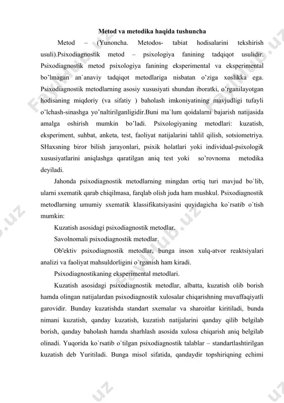 gilab olinadi. yuqorida ko`rsatib o`tilgan psixodiagnostik talablar – standartlashtirilgan kuzatish deb yuritiladi. bunga misol sifatida, qandaydir topshiriqning echimi bo`yicha kichik guruhning ish faoliyatini ko`rib chiqamiz (r.beyls metodi bo`yicha). sharoitni engillashtirish muammo echimini taklif qilish savollarga javob berish ma'lumotlar berish tushuntirib berish yordam berishni taklif qilish yordam so`rash tushuntirib berishni so`rash ma'lumotlar berishni so`rash savollarga javob berishni so`rash muammo echimini so`rash muammoni yanada chigallashtirish. bu sxema xulq-atvorni kuzatishning 12 xil tipini qamrab olgan, unda 6ta ijobiy va 6ta salbiy ko`rinishlar ifodalangan. kuzatish natijalarini miqdoriy tahlil qilishda statistik metodlarni quyidagicha tartibda qo`llash lozim: olingan natijalarni foizlar bo`yicha hisoblash; o`rtacha arifmetik qiymatni topish; o`rtacha kvadrat og`ishni topish (sigma); son qatoridagi miqdorlar tarqoqligini aniqlash (dispersiya); omillar o`rtasidagi muayyan munosabatlar mavjudligini tahlil qilish (korrelyatsiya); metodikalar ishonchlilik darajasini aniqlash (styudent mezoni). b.g.ananevning nuqtai nazaricha, psixologik kuzatish metodlari psixologik ob`ektlar bilan operatsiyalar tizimi bo’lib, fanning bilish ob`ektidir. psixologiyada empirik metodlarni qo’llash muammosi ko’rib chiqilayotganda ularni psixologik metodlar …