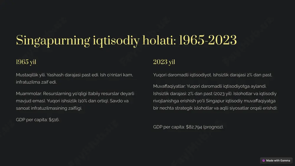 aniyamiz uchun jiddiy xavf-xatarni keltirib chiqarishi mumkin 12 xulosa singapur o‘zining iqtisodiy muvaffaqiyatini cheklangan resurslarga qaramay, aqlli boshqaruv, eksportga yo‘naltirilgan strategiya va inson kapitaliga sarmoya kiritish orqali qo‘lga kiritdi. uning rivojlanishi kichik davlatlar uchun iqtisodiy model sifatida o‘rnak bo‘la oladi. swot tahlili shuni ko‘rsatadiki, singapur kelajakda ham raqobatbardosh bo‘lib qolishi uchun innovatsiyalar va moslashuvchanlikka e’tibor qaratishi kerak. 13 14 image1.png image2.png image3.png image4.png image5.png image6.png image7.png image8.png image9.png image10.png image11.png image12.png image13.png image14.png image15.png image16.png image17.png image18.png image19.png image20.png image21.png image22.png image23.png image24.png