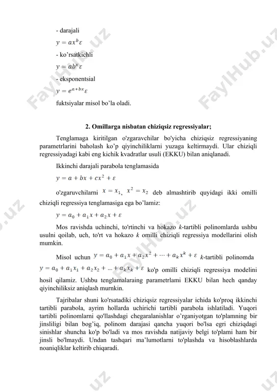 ar shuni ko'rsatadiki chiziqsiz regressiyalar ichida ko'proq ikkinchi tartibli parabola, ayrim hollarda uchirichi tartibli parabola ishlatiladi. yuqori tartibli polinomlarni qo'llashdagi chegaralanishlar o’rganiyotgan to'plamning bir jinsliligi bilan bog’iq, polinom darajasi qancha yuqori bo'lsa egri chiziqdagi sinishlar shuncha ko'p bo'ladi va mos ravishda natijaviy belgi to'plami ham bir jinsli bo'lmaydi. undan tashqari ma’lumotlarni to'plashda va hisoblashlarda noaniqliklar keltirib chiqaradi. ikkinchi tartibli parabolani omil belgi qiymatlarining ma'lum bir oraliqda qaralayotgan o'zgaruvchining bog'lanish xususiyatini o’rganishiga: ya'ni to'g'ri bog'lanishni teskari bog’anishga, teskari bog’lanishni to'g'ri bog'lanishga olib keladigan holatlarda qo'llash maqsadga muvofiq. bunday holatlarda omil belgining natijaviy belgini ekstrial (maksimal yoki minimal) qiymatga erishtiruvchi qiymati aniqlanadi. buning uchun ikkinchi darajali parabolaning hosilasi nolga tenglashtiriladi: dan hosila olamiz va , bundan hosil bo’ladi. agar berilgan ma'lumatlar bog'lanish yo'nalishini o'zgarishini ta’minlay olmasa, u holda ikkinchi tartibli parabola parametrlarining ma’nosi tushinish qiyin bo'ladi. bunday holatda bog'lanish shakli boshqa chiziqsiz model bilan almashtiriladi. ikkinchi darajali parabolaning a, b, c paramerlarining …
