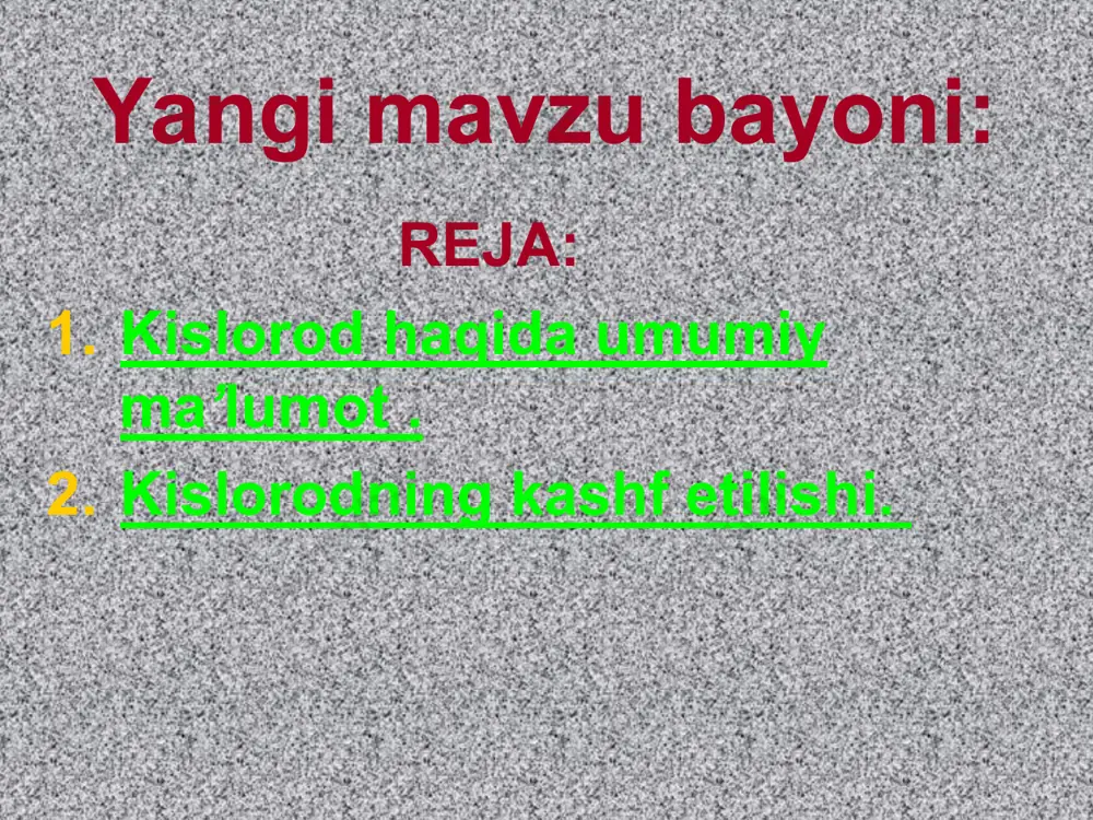 kislorod — kimyoviy element. kislorodning kimyoviy belgisi, atom massasi (dars ishlanma) - Page 5