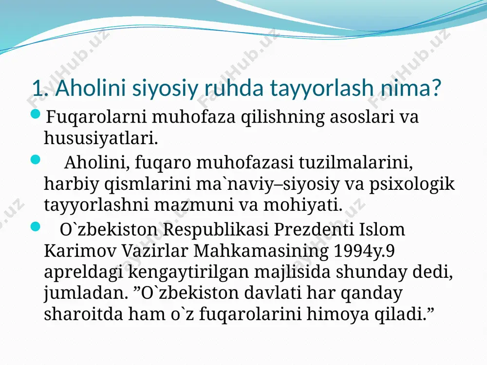 kni bu odamlarda ruhan chidamlilikni shakllantirish yoki qo shakllantirish yoki qo ’ ’ yilgan vazifalarni bajarish, havfli yilgan vazifalarni bajarish, havfli vaziyatlar vaziyatlar - - da fidokorona harakat qilish qobiliyatini kuchay da fidokorona harakat qilish qobiliyatini kuchay - - tirishdagi hislatlarini hosil qilish d tirishdagi hislatlarini hosil qilish d ? ? makdir. ma'naviy makdir. ma'naviy - - ruhiy ruhiy tayyorgarlik bir tayyorgarlik bir - - biri bilan uzaviy boglangan. bu odamlarda biri bilan uzaviy boglangan. bu odamlarda yuqori ma'naviy yuqori ma'naviy - - ruhiy sifatlarini shakllantirishning yagona ruhiy sifatlarini shakllantirishning yagona jarayonidir. jarayonidir. bularni amalga oshirishda ketma-ketlik davolilik asosida bo`ladi –ma`ruzalar va amaliyotlar; –nazariy konferensiyalar va seminarlar; –savol va javob kechalari; –siyosiy- ma`naviy ,axloqiy va estetik mavzularda munozarali tortishuvlar; –fm yosh jangchilari va askarlarining urush faxriylari bilan uchrashuvlari shuningdek muzeylar, yodgorliklarni tashkil qilish bilan ham, (masalan, jangavor muzey, jangavor burchak, xotira maydoni, tarixiy yodgorliklar) xalq orasida milliy g`urur, ajdodimiz an`analareiga …