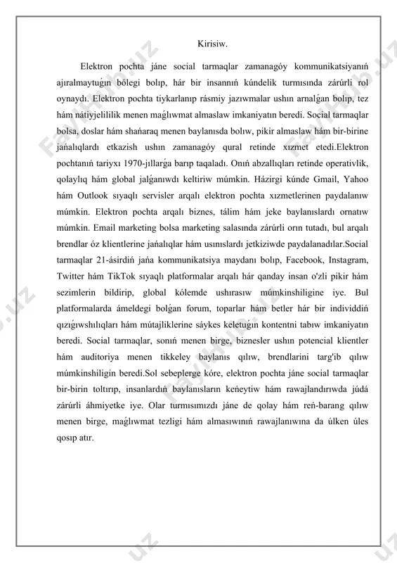 arang qılıw menen birge, maǵlıwmat tezligi hám almasıwınıń rawajlanıwına da úlken úles qosıp atır. elektron pochta tariyxı elektron pochta qanday payda boldı ham onda islesiw. elektron pochta tariyxı insaniyat ushın kommunikatsiya zárúriyatınıń qandirilishi retinde zárúrli ózgerislerdi keltirip shıǵardı. 1960 -jıllardıń baslarına kelip, birinshi elektron xabarlar almaslawı bar edi. dáslepki sistemalar tiykarlanıp hár bir kompyuter arasında xabar jiberiw múmkinshiligin usınıs etardi. 1971 jılda, ray tóbelinson óziniń sndmsg programmasınan paydalanǵan halda, birinshi ret internette elektron pochta jo'natdi. bul waqıya elektron pochtanıń keleshegin belgileytuǵın háreket boldı, sebebi tóbelinson @ belgisi járdeminde jiberiwshiler hám qabıl etiwshiler arasında baylanıstı ornatdı.1980-jıllarda elektron pochta demde keń tarqalıp barıwı baslandı. bul dáwirde mail-transfer protokolları hám elektron pochta xızmetlerin kórsetiw ushın bir neshe zárúrli standartlar islep shıǵıldı. usbu innovatsiyalar járdeminde elektron pochta sistemaları adamlarǵa xabar hám hújjetlerdiń tez hám qolay túrde almaslawın ámelge asırıw múmkinshiligin berdi. ms-dos ortalıǵındaǵı alternativ programmalar, mısalı, eudora hám pine arqalı paydalanıwshılar ózleriniń elektron xatların …