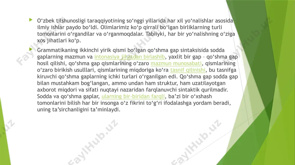 , qiyoslash munosabatini ifodalaydi: lekin bu narsa qalandarovning taftini bosolmadi, aksincha, yuragiga o‘t yoqildi. (a. qahhor) b) payt munosabati ifodalangan qo‘shma gaplarda shundan buyon, shundan keyin, shu paytda, shunda, unda so‘zlari qo‘llanadi: otasi o‘lganiga o‘n besh yil bo‘ldi – shundan buyon har qanaqa ishni yig‘ishtirib qo‘ygan. (oybek) c) qo‘shma gapni tuzishda olmoshlarning, asosan, ko‘rsatish va nisbiy olmoshlarning roli bor: shunday ayollar bo‘ladi: ular ishqni e’tiqod kabi muqaddas tugadi. (oybek) d) qo‘shma gapning har ikki qismida bir xil vazifa yoki har xil vazifadagi so‘z takrorlanadi: mening domlam yo‘q, domlam ikki ko‘zim (a.qahhor). vaqting ketdi – baxting ketdi (maqol). qo‘shma gapning tarkibiy qismlari orasidagi ma’noviy munosabatga ko‘ra turlari. qo‘shma gapning tarkibiy qismlari orasidagi ma’noviy munosabatga ko‘ra turlari. bu tasnifda qo‘shma gap tarkibidagi qism (gap)lar o‘rtasidagi ma’noviy munosabatga asoslaniladi va ikkita muhim nuqtaga e’tibor qaratiladi: 1) qo‘shma gap tarkibiy qismlari orasida qanday ma’noviy munosabat (masalan, payt, o‘rin, sabab, birin-ketinlik, bir vaqtdalik, izohlash, qiyoslash …
