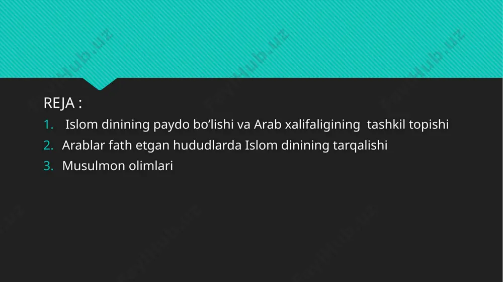 hamshaharlarini, soʻng barcha arablarni koʻplab qabila xudolariga sigʻinishdan voz kechish va yagona xudo — allohga eʼtiqod qilish, solih hayot kechirish, u dunyoda jannatga tushish uchun bu dunyoda ezgu ishlar qilishga daʼvat etdilar . muhammad(s.a.v)ga, 40 yoshlarida (milodiy 610-yil) vahiy (ilohiy koʻrsatma) kelishni boshladi. ammo, bir necha nufuzli yaqin qarindoshlarini hisobga olmaganda, makkaning koʻpchilik aholisi, ayniqsa, quraysh qabilasining zodagonlari uning targʻibotlariga ochiqdan-ochiq qarshi chiqdilar. muhammadni yolgʻonchiga chiqarib juda katta zulm koʻrsatildi. dastlab bir guruh musulmonlar habashistonga hijrat qilishdi, yasribdagi banu avs va banu xazraj qabilalarining vakillari 622-yimda musulmon jamoasini oʻziga qabul qilish, muhammadni paygʻambar va allohni yagona deb tan olishdi. hijrat nomini olgan bu voqea islom tarixida burilish yasadi. koʻchib oʻtgan kishilar muhojirlar (koʻchib kelganlar), madinada islomni qabul qilganlar ansorlar (tarafdorlar) deb ataldilar. madina va makka oʻrtasida boshlangan kurash 8 yil davom etdi (qarang badr jangi, uxud jangi, xandaq jangi va boshqa). 628-yilda makka zodagonlari muhammad bilan kelishishga majbur boʻldilar (qarang …