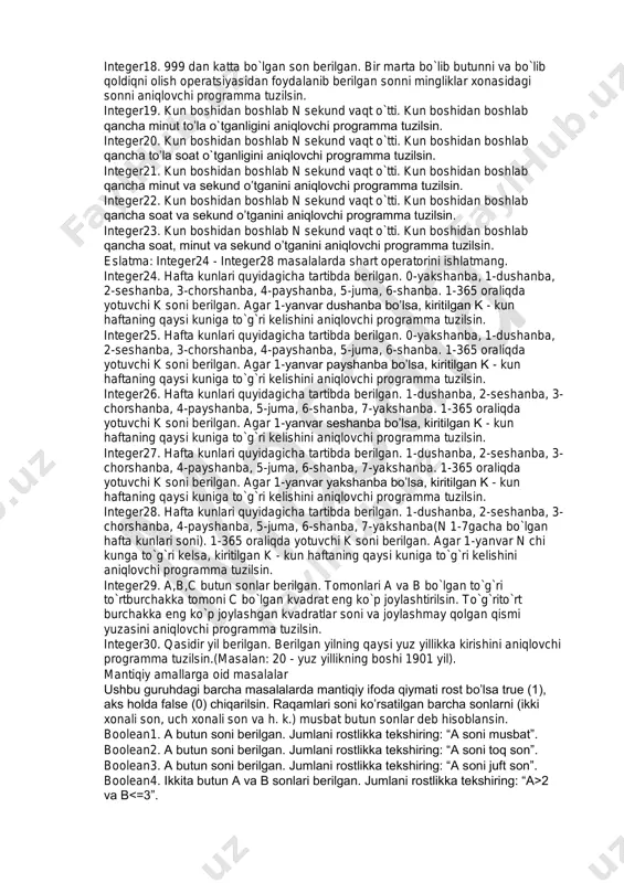 ha soat, minut va sekund o’tganini aniqlovchi programma tuzilsin. eslatma: integer24 - integer28 masalalarda shart operatorini ishlatmang. integer24. hafta kunlari quyidagicha tartibda berilgan. 0-yakshanba, 1-dushanba, 2-seshanba, 3-chorshanba, 4-payshanba, 5-juma, 6-shanba. 1-365 oraliqda yotuvchi k soni berilgan. agar 1-yanvar dushanba bo’lsa, kiritilgan k - kun haftaning qaysi kuniga to`g`ri kelishini aniqlovchi programma tuzilsin. integer25. hafta kunlari quyidagicha tartibda berilgan. 0-yakshanba, 1-dushanba, 2-seshanba, 3-chorshanba, 4-payshanba, 5-juma, 6-shanba. 1-365 oraliqda yotuvchi k soni berilgan. agar 1-yanvar payshanba bo’lsa, kiritilgan k - kun haftaning qaysi kuniga to`g`ri kelishini aniqlovchi programma tuzilsin. integer26. hafta kunlari quyidagicha tartibda berilgan. 1-dushanba, 2-seshanba, 3- chorshanba, 4-payshanba, 5-juma, 6-shanba, 7-yakshanba. 1-365 oraliqda yotuvchi k soni berilgan. agar 1-yanvar seshanba bo’lsa, kiritilgan k - kun haftaning qaysi kuniga to`g`ri kelishini aniqlovchi programma tuzilsin. integer27. hafta kunlari quyidagicha tartibda berilgan. 1-dushanba, 2-seshanba, 3- chorshanba, 4-payshanba, 5-juma, 6-shanba, 7-yakshanba. 1-365 oraliqda yotuvchi k soni berilgan. agar 1-yanvar yakshanba bo’lsa, kiritilgan k - …