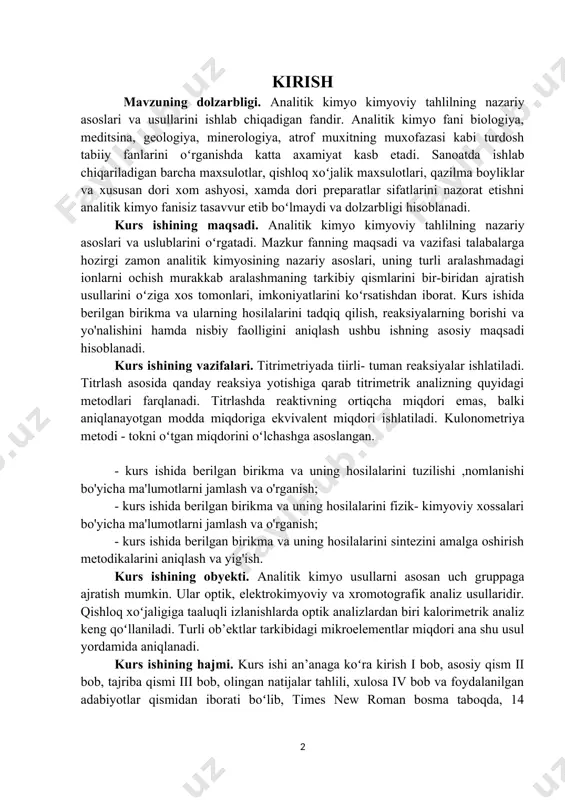 ssalari bo'yicha ma'lumotlarni jamlash va o'rganish; - kurs ishida berilgan birikma va uning hosilalarini sintezini amalga oshirish metodikalarini aniqlash va yig'ish. kurs ishining obyekti. analitik kimyo usullarni asosan uch gruppaga ajratish mumkin. ular optik, elektrokimyoviy va xromotografik analiz usullaridir. qishloq xoʻjaligiga taaluqli izlanishlarda optik analizlardan biri kalorimetrik analiz keng qoʻllaniladi. turli ob’ektlar tarkibidagi mikroelementlar miqdori ana shu usul yordamida aniqlanadi. kurs ishining hajmi. kurs ishi an’anaga koʻra kirish i bob, asosiy qism ii bob, tajriba qismi iii bob, olingan natijalar tahlili, xulosa iv bob va foydalanilgan adabiyotlar qismidan iborati boʻlib, times new roman bosma taboqda, 14 oʻlcham va 1,15 intervallarda yozilgan. kurs ishining hajmi 19 sahifadan tashkil topgan. 8 ta adabiyotlar roʻyxatidan tashkil topgan. i.asosiy qism: 1.1. kulonometriya analiz metodi haqida ma’lumot kulonomеtrik analiz usuli yuqorida aytilganidеk, elеktrod sirtida oksidlanadigan yoki qaytariladigan elеktr aktiv moddaning massasi (m) bilan elеktr miqdori (q) orasidagi bogʻlanishni ifodalovchi faradеyning birlashgan qonunlariga asoslangan: yoki bu …