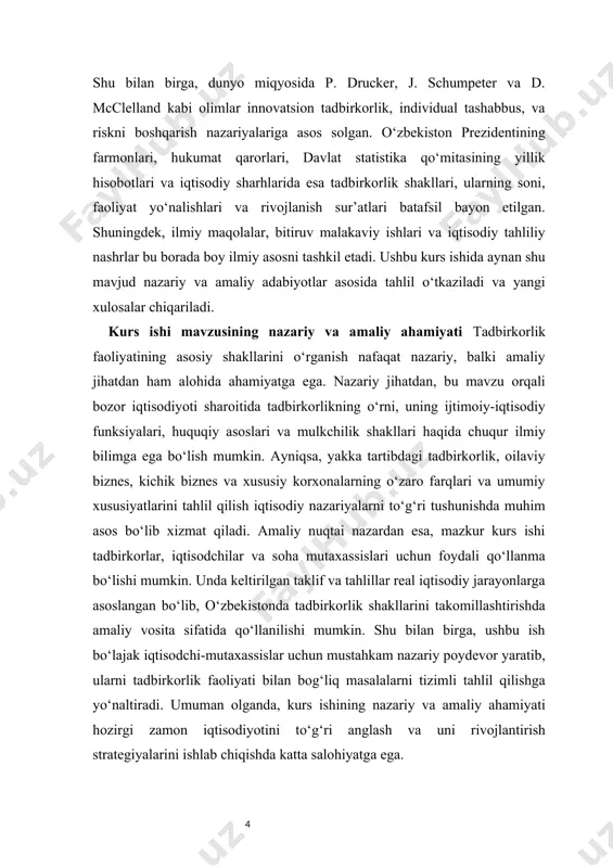 mulkchilik shakllarining iqtisodiy ta’sirini ko‘rsatish; · tadbirkorlikning asosiy shakllari — yakka tartibdagi tadbirkorlik, oilaviy biznes, kichik biznes va xususiy korxonalarni o‘rganish; · o‘zbekistondagi tadbirkorlik amaliyotini statistik va tahliliy jihatdan baholash; · tadbirkorlik shakllarining rivojlanish istiqbollari bo‘yicha xulosalar va takliflar ishlab chiqish. kurs ishi mavzusining tuzilishi kurs ishi kirish, ikkita asosiy bob, har bir bobda uchta kichik bo‘lim, xulosa va foydalanilgan adabiyotlardan iborat. i bob. tadbirkorlik faoliyatining mohiyati va nazariy asoslari 1.1. tadbirkorlik tushunchasi, maqsadi va vazifalari tadbirkorlik insoniyat tarixida eng qadimiy faoliyat turlaridan biri bo‘lib, u jamiyat taraqqiyotida doimo muhim o‘rin egallab kelgan. ayniqsa, bozor iqtisodiyotiga o‘tish bilan bu faoliyat yanada dolzarb tus oldi. tadbirkorlik bu — foyda olish maqsadida tavakkalchilikka asoslangan mustaqil tashabbusdir. uning asosida mahsulot ishlab chiqarish, xizmat ko‘rsatish, ishchi o‘rinlari yaratish va bozor talablariga javob beradigan innovatsiyalarni joriy etish yotadi. tadbirkorlik faoliyatida shaxsiy tashabbus, moliyaviy va intellektual resurslardan foydalanish, bozor kon’yunkturasini tahlil qilish va foydali iqtisodiy qarorlar …