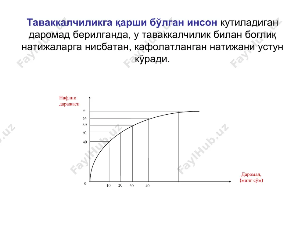 риш, мижозларни йўқотишлари бўйича классификация қилиш асосида суғурта бадалини дифференциациялаш (яъни, йўқотиши юқори бўлган шахс учун юқори суғурта бадали белгилаш); юқори йўқотишга эга бўладиган шахслар билан суғурта шартномасини тузмаслик (наркоманлар, спиртли ичимлик ичиб автомобил ҳайдайдиган шахслар); йўқотишни қисман қоплаш шарти билан суғурталаш. бозор сигналлари. бозорда сотиладиган товар тўғрисида, товарни ишлаб чиқарувчи фирманинг номи тўғрисидаги ахборотлар, товар маркаси, фирма белгиси, фирманинг обрўси, товар сифати ва кафолати тўғрисидаги ахборотлар бозор сигналлари бўлиб хизмат қилади ва бу сигналлар товар сотиб олишдаги таваккалчилик даражасини камайтиради. аукционлар. аукционлар ҳам ахборотлардаги асимметрияни йўқотадиган бозорлардан ҳисобланади. ноёб санъат намунасига, тез бузиладиган маҳсулотларга (сабзавот, мева, балиқ) нархлар сотиш вақтида ўрнатилади. аукционларнинг асосан икки тури мавжуд: инглиз ва голланд аукционлари. инглиз аукциони - бу аукционда ставка пастдан юқорига қараб ошиб боради ва бу ошиш таклиф қилинган максимал нархда товар сотилгунча давом этади. ушбу аукционда асосан санъат намуналари, зебу-зийнатлар ва б.лар сотилади. голланд аукционида ставкалар юқоридан пастга қараб, токи товар …