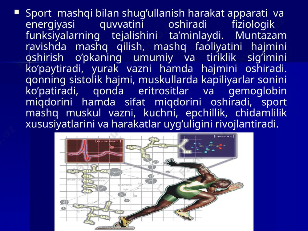 jlanadi. harakat sifatlarining shakllanishi bir tekisda ham, bir vaqtda ham bo’lmaydi. turli yoshda apparatning morfologik va funksional o’zgarishlar teriferik apparat hamda ichki a’zolar ishining o’zara mutanosibligi bilan bog’liq bo’ladi. muskul kuchi muskulning taranglanish darajasi bilan belgilnadi. muskul kuchi suyak va muskul to’qimasining o’sishi hamda bug’imboylama apparatininig rivojlanishi bilan chambarchas bog’liqdir. u kuch muskulning fiziologik ko’ndalang kesimiga, biokimyoviy reyaksiyalar xarakteriga, asab orqali boshqarilish hususiyatlariga va ixtiyoriy kuchlanish darajasiga bog’liq bo’ladi maktabgacha yoshidagi bolalarda muskul kuchi juda kam bo’ladi. a.b.koropkov keltirgan dalillarga qaraganda, 4-5 yoshli bolalarda qo’l bormoqlarini bukuvchi va yozuvchi muskullar kuchi 4 yoshlilarda -4,6,5 yoshlilarda 5,2 kgbo’ladi. gavdani tklovchi muskullar kuchi 8,2 va 14,6 kg.ni tashkil etadi. muskul kuchi 11 yoshda boshlab, ayniqsa 13 dan 14 yoshgacha va 16 dan 17 yoshgacha g’oyatli shiddatli tarzda rivojlanadi. bolalarning ikkinchi bolalik davrida muskul kuchi 25 martaga oshadi, dinamometriya esa, 8-9 kgdan 20-25 kg. gacha qizlarda 8 dan 15 kg.gacha ortadi. muskulning maksimal …