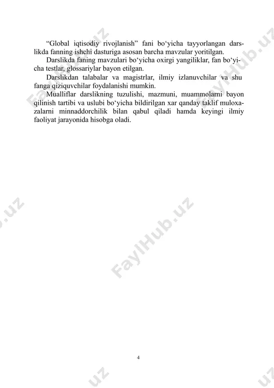 ormalarni tartibga solishni o‘zgartirish; ishchi kuchi bozorining ishini takomillashtirish. boz ustiga, bir yo‘nalishda hukumat bevosita o‘z taʼsirini yo‘qot- maydi. qochqinlar va immigrantlar muammosi o‘z dolzarbligini yo‘qotmasa hali, immigratsion nazorat va aholini ro‘yxatdan o‘tkazish tizimi shunga olib keladi-ki, ommaviy ko‘chishlar iqtisodiyotning ko‘rsatkichi bo‘lib qolmaydi. fuqarolik va yashash huquqini berish ustidan borilayotgan qattiqqo‘l nazorat davlat tomonidan anʼanaviy chegaralar va hududlarni saqlab qoluvchi yagona sohaga aylanadi. 1.1-rasm. globallashuv haqida iqtisodchi olimlarning fikrlari1 globallashuvning tahlili davlatlarni global dunyodagi funksiya- larni oydinlashtirib beradi, negaki ayrim sohalarda globallashuvning taʼsiri uncha katta ahamiyatga ega emas. har qanday chegaradan yuqori turgan global jihatdan qanchalik uzoqdaligimizni anglasak ham, bir necha yo‘nalishlar bo‘yicha davlatlarning roli o‘zgargan. davlatlar kapitalni jalb qilish va ushlab qolish va mustaqil iqtisodiy siyosatini o‘tkazish imkoniyatiga ega bo‘lsa ham, ularning roli nazoratda emas, balki iqtisodiyotni tartibga solishdan iborat. xx asrning ikkinchi yarmi va xxi asrning o‘tgan 20 yilida jahon iqtisodiyoti taraqqiyotining eng e’tiborli jihati xalqaro iqtisodiy muno- …