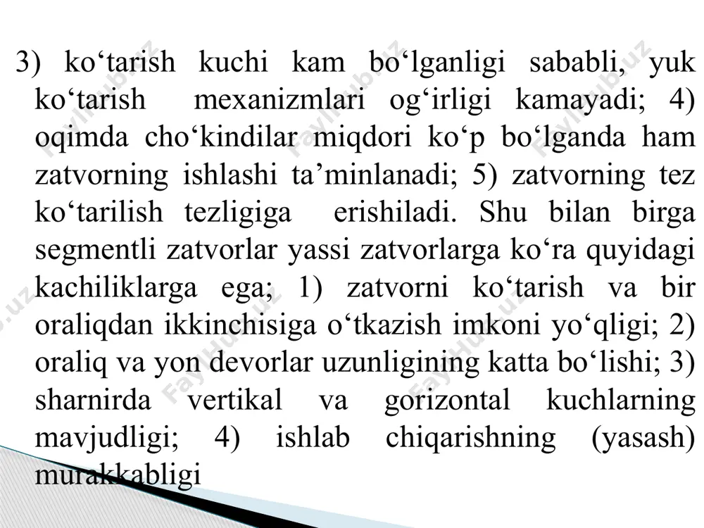 ilindrik sharnirlar ko‘proq gidromeliorativ inshootlarning zatvorlarida qo‘llaniladi. o‘rta va katta oraliqlarda va bosimlarda qiya oyoqli zatvorlarda konusli sharnirlar qo‘llaniladi (6.23-rasm, d). silindirik va konusli sharnirlarning kamchiligi, tayanch oyoqlarining bir oz qisilib qolish ehtimoli borligigadir. sharsimon sharnirlarda oyoqlarning bir oz yo‘l quyilishi sababli, zatvor qiyshayishi oldi olinadi, shu sababli ular rigellarni zatvor tayanch oyoqlari bilan bikr birlashtirishda qo‘llaniladi (6.23-rasm, e). tayanch sharnirning harakatlanmaydigan qismi inshoot betoniga mahkamlangan quyilma qismlarga tayanadi. katta yuklamalarda oraliq va yon devor tayanchlarida tokchalar o‘rnatiladi va betonga mahkamlangan metall to‘sinlar bilan kuchaytiriladi (6.23-rasm, f). pazlar o‘rnatilmasdan zatvorlar konsollarga tayanadi va buning natijasida oraliq devor qalinligi kamayadi va gidravlik sharoiti yaxshilanadi (6.23-rasm, g,h). betonning tayanch zo‘riqishlarini qabul qilishi uchun yoki sharnirdan keyin oraliq devor uzaytiriladi yoki oraliq devorga yuklamalar oldindan kuchaytirilgan ankerlar yordamida uzatiladi. zichlagichlar. segmentli zatvorlarning yon va tub tomonlari yassi zatvorlar kabi metall list, maxsus profilli rezina va shu kabilar bilan zichlanadi (6.24-rasm). segmentli zatvorlar yon …