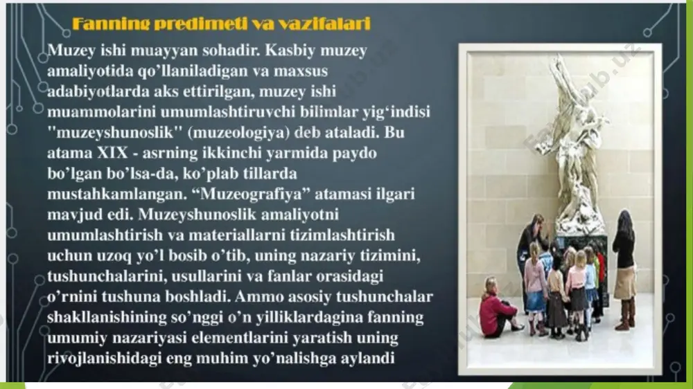 komillashtirb borishlari lozim. respublikamiz muzey tizimi kuydagi muzeylardan tashkil topgan: 1. tarixiy muzeylar – tarixiy fanlar tizimi bazasidagi muzeylar (arxiologiya, etnografiya, xarbiy-tarixiy, maorif tarixi) 2. badiy muzeylar san`at va san`atshunoslik tarixiga oid muzeylar 3. tabiy –tarixiy muzeylar uz faoliyatida tabiy fanlarga tayanadigan muzeylar. 4. texnik muzeylar 5. adabiyot muzeylari 6. kompleks muzeylar – bunday muzeylarga bir necha sohalarni birlashtirgan muzeylar, masalan ulkashunoslik muzeylari misol bula oladi. muzeylarni profil guruxli klassifikatsiyasida tashkari ularning asosiy ijtimoiy vazifasiga karab ishlarga xam bulinadi. muzeylarning uchta tipini ajratib kursatish mumkin: ilmiy-tadkikot ommabop; tadkikot-akademik; ukuv muzeylari. ukuv muzeylari odatda turli xil ukuv muassasalari koshida tashkil etiladi. muzeyshunoslikning predmeti, metodi va strukturasini tushinish bilan birga uning fanlar tizimida tutgan urni , boshka fanlar bilan alokadorligini aniklash mumkin. venger milliy muzeyi, venger tilini tiklash va venger tarixiy an`analarini saklab kolish uchun kurash ta`sirida vujudgakeldi. mana shu goyalar asosida, evropada yirik milliy muzeylar asos solindi va ular uchun menimental …