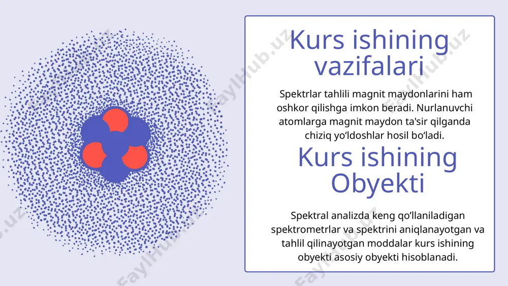 gʻliqlikni oʻrganuvchi ilmiy sohadir. har bir spektral chiziq (yutilish, chiqarish va sochilish) о‘zining chastotasi bilan, integral va spektral intensivligi bilan dipolyarizasiya koeffisiyenti bilan yarim kengligi bilan va boshqa kattaliklari bilan xarakterlanadi xulosa umuman aytganda bu birinchi davrda spektroskopiya faqat tajribaviy fan sifatida rivojlandi. bu davrda moddalar chiqargan spektrlari shu moddaning tashkil etgan atom va molekulalar orasidagi bog‘lanishning mohiyati ochib berilmagan. har bir spektral chiziq (yutilish, chiqarish va sochilish) о‘zining chastotasi bilan, integral va spektral intensivligi bilan dipolyarizasiya koeffisiyenti bilan yarim kengligi bilan va boshqa kattaliklari bilan xarakterlanadi. spektral chiziqlarning intensivliklari о‘tish ehtimoliyatiga bog‘liq. faraz qilamizki e1 va e2 energiyalar bilan xarakterlanadigan stasionar holatlar berilgan bо‘lsin. bu holatdagi sermolekulalikni yoki molekulalarning zichligini n1 va n2 bilan belgilaymiz. biron dt vaqt ichida birinchi holatdan ikkinchi holatga energiyani yutish bilan о‘tgan molekulalarning soni quyidagiga teng bо‘ladi. foydalanilgan adabiyotlar 1.mirziyoev sh.m. “erkinva farovon demokratik” o’zbekiston davlatini birgalikda barpo etamiz. toshkent,―o’zbekiston‖ nmiu, 2017. – 29 …