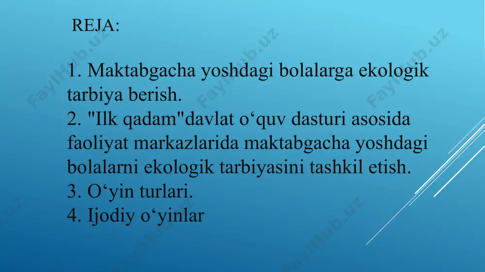 -u rog‘lar, gulzorlar tashkil qilishga undashdan, uning qalbida yaxshi xislatlar uyg‘otishdan iboratdir. ekologik tarbiyani asosiy maqsadi shundan iboratki maktabgacha yoshdagi bolalarning o‘simlik va hayvonlarni himoya qilish, hamda ularning barchasi kishilarning yordamiga, g’amxo‘rligiga muhtojligi haqidagi tasavvurlarini aniqlash. tabiatga muhabbat, unga ehtiyotkorlik munosabatini, o‘simlik va hayvonlarga g’amxo‘rlikni tarbiyalash va shular orqali tabiatga qiziqish, vatanparvarlik, mehnatsevarlik, tabiatni saqlovchi va uning boyliklarini ko‘paytiruvchi kattalarning mehnatiga hurmatni tarbiyalash kabi vazifalami amalga oshirishda tabiat burchagining ahamiyati katta. tabiat burchagining muhim tomoni yana shundaki uni bolalar har kuni ko‘radilar. tarbiyachi rahbarligida bolalar tabiat burchagidagi o‘simlik va hayvonlarni sistemali ravishda kuzatib,parvarish qilib boradilar. natijada o‘simlik va hayvonlar dunyosining rang-barangligi, ularning o‘sishi,rivojlanishi,ular uchun qanday sharoit kerakligi to‘g‘risidagi tasavvur va tushunchalami egallab boradilartarbiyachi bolalar diqqatini o‘simliklaming chiroyli gullashiga,barglaring shakli va tusiga, akvariumdagi baliqlarning chiroyli ko‘rinishi va chaqqon harakatiga jalb etadi. natijada bolalar bu go‘zalliklarni ko‘zlari bilan ko‘rib, qalblari bilan his etadilar,ularning estetik didi o‘sadi. ekologik tarbiyani oiladan, bog‘cha yoshi davridan …