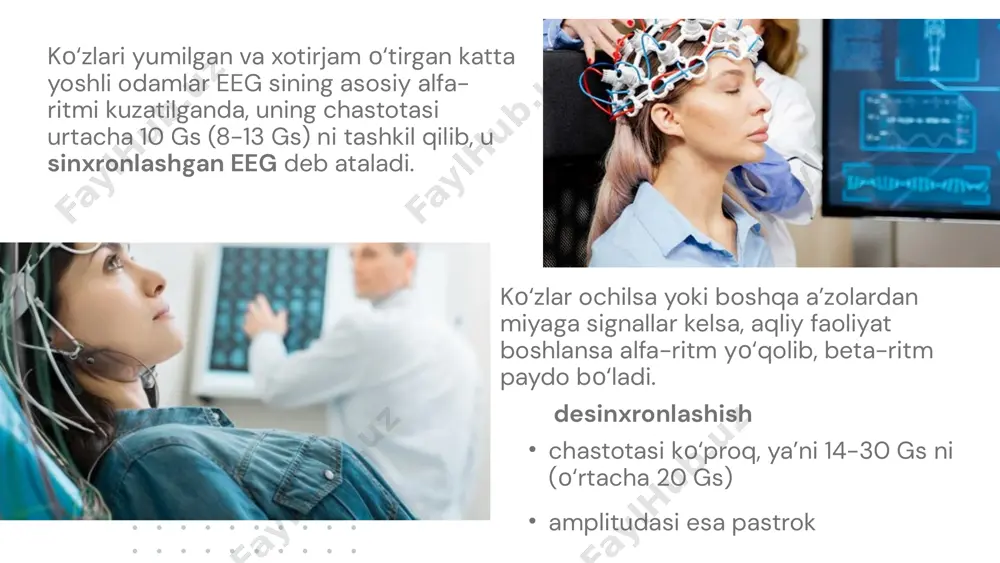 hi intervallar bilan ajralib turadi. ro'yxatga olish qulayligi uchun barcha bosh suyagi harflar bilan ko'rsatilgan joylarga bo'linadi: f — frontal, o— oksipital mintaqa, p — parietal, t — temporal,c — markaziy olukning maydoni. 10-20 (jasper tzimi 1958). bosh yuzasida elektrodlarning joylashishi: f-frontal qism; c-markaziy; p-parietal; t-temporal; o-oksipital. g'alati ko'rsatkichlar boshning chap yarmi, hatto indekslar-o'ng, z-o'rta chiziq eegni qo’llashning klinik va statik usullari eegni tahlil qilishning muayyan usullariga asoslangan elektrofizyolog quyidagi savollarni hal qiladi: odatda diagnostika maqsadida qo'llaniladi. eeg umumiy qabul qilingan me'yorlarga mos keladimi? agar bo'lmasa, normadan chetga chiqish darajasi, bemorning bosh miya shikastlanishi belgilari va lezyonning lokalizatsiyasi qanday? eegning klinik tahlillari har doim qat'iy individualdir va asosan yuqori sifatga ega. eegning klinik talqini elektrofizyologning tajribasiga, elektroensefalogrammani "o'qish" qobiliyatiga bog'liq bo'lib, unda yashirin va ko'pincha juda o'zgaruvchan patologik belgilar mavjud. meet our team e. miyani nafaqat fiziologik, balki patologik holatlarini ham qayd qilishi mumkin: bemor boshiga elektrodlarni oʻrnatish sxemasi turlicha, …