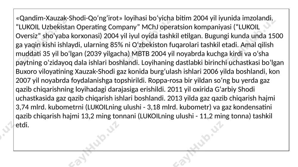 zni qayta ishlash zavodining 3 ta texnologik navbati, konlararo uzatuvchi quvurlar va eksport gazini uzatish quvuri, transport infratuzilmasi, suv va elektr ta’minoti ob’ektlari. keyinchalik qazib chiqarish darajasini ushlab turish uchun oqqum, parsonko‘l, xo‘ja va g‘arbiy xo‘ja satellit-konlaridan olingan mahsulot qandim majmuiga yuboriladi. ushbu mega-loyihani amalga oshirish 3 mingga yaqin yangi rossiyaning lukoil kompaniyasi o`zbekistonda qandim gazni qayta ishlash majmuasi qurilishini boshladi.​ 19 aprel kuni o`zbekistonning buxoro viloyatida, qandim gazni qayta ishlash kompleksi qurilishi boshlanishi munosabati bilan tantanali tamal toshi qo`yish marosimi bo`lib o`tdi. tantanali marosimda, o`zbekiston bosh vaziri shavkat mirziyoev va rossiyaning lukoil kompaniyasi prezidenti vagit alekperov, buxoro viloyati xokimi muxiddin esonov va boshqa vakillar ishtirok etdi. marosimda so`zga chiqqan shavkat mirziyoev, mazkur loyihaning yirik va istiqbolli loyiha hisoblanishini takidlab, o`zbekiston tomoni loyihaning muvaffaqiyatli amalga oshishi uchun zimmasidagi barcha majburiyatlarni bajarishini malum qildi. mirziyoyev, qandim gazni qayta ishlash majmuasi qurilishining boshlanishi bilan o`zbekistonda tabiiy gaz boyliklarini o`zlashtirishda yangi davr boshlanganligini …