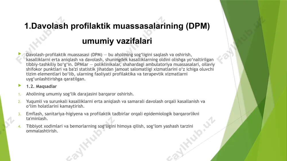 lom turmush tarzini targ‘ib qilish gigiyenik ko‘nikmalar (qo‘l yuvish, dezinfeksiya vositalaridan foydalanish)ning ommalashtirilishi kasalliklarning oldini olishda katta samara bermoqda. oziqlanish, jismoniy faollik, psixologik barqarorlik ham immunitetni mustahkamlashda muhim o‘rin tutadi. raqamli sog‘liqni saqlash texnologiyalari onlayn maslahat va telemeditsina bemorlarni erta ogohlantirish hamda izolyatsiya qilish imkonini bermoqda. mobil ilovalar orqali simptomlarni kuzatish, emlash jadvalini eslatish va epidemiologik nazoratni yengillashtirish amaliyoti kengaymoqda. zamonaviy yondashuvlar yuqumli kasalliklarni faqat davolash emas, balki ularning tarqalishiga yo‘l qo‘ymaslikka qaratilgan. vaksinatsiya, innovatsion dori vositalari, molekulyar diagnostika, bioxavfsizlik choralarining uyg‘un qo‘llanilishi orqali ko‘plab infeksion xavflarning oldi olinmoqda. bu esa sog‘liqni saqlash tizimining samaradorligini oshirib, jamiyat salomatligini mustahkamlashga xizmat qilmoqda. 3. tibbiyot xodimlari salomatligini muhofaza qilish choralari tibbiyot xodimlari – yuqumli kasalliklarga qarshi kurashning eng oldingi saflarida faoliyat yurituvchi insonlar bo‘lib, ular doimiy ravishda yuqori xavf guruhiga kiradi. shuning uchun ham ularning salomatligini muhofaza qilish sog‘liqni saqlash tizimining eng muhim vazifalaridan biridir. shaxsiy himoya vositalaridan foydalanish tibbiy niqob, respirator, …
