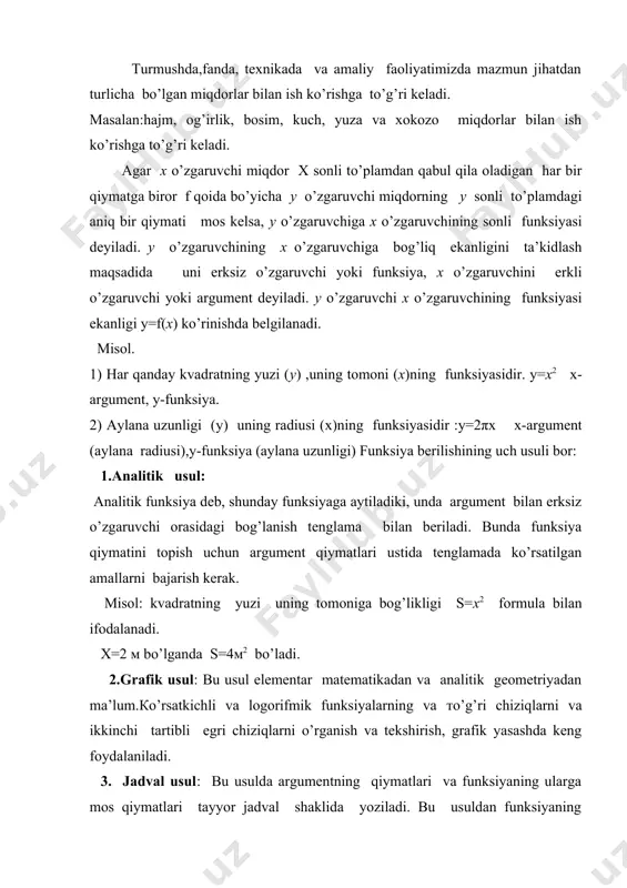 ning ∆у=f(x0+∆х)-f(x0) оrttirmasini tuzamiz, u argument ∆х ga o’zgarganda funksiya qanchaga o’zgarganini ko’rsatadi. ∆у/∆х nisbatni qaraymiz uni аrgument ∆х gа o’zgarganida funksiyaning o’rtacha o’zgarishi deb ataladi. та’rif: funksiya orttirmasi ∆у ning argument orttirmasi ∆х gа nisbatining ∆х nolga intilgandagi limiti u=f(x) funksiyaning х0 nuqtadagi hosilasi deyiladi . f(x0+ ∆x)-f(x0) f``(x0) = ∆y/∆x= ∆x аgar bu limit mavjud bo’lsa (ya’ni chekli songa teng) bo’lsa, hosila х0 nuqtada mavjud deb ataladi. hosilani topish jarayoni differensiyallash deb ataladi. differensiyallashning asosiy qoidalari. 1. o’zgarmas sonni hosilasi nolga teng. с`=0 2. yig’indi, кo’paytma va bo’linmani hosilasi a) (u+v)` = u`+v` б) (u.v)` = u`v + uv` в) 3) o’zgarmas ko’paytuvchini hosila belgisidan tashqariga chiqarish mumkin. (сu)` = c · u` c-o’zgarmas son. тrigonometrik funksiyalarni hosilalari (sinx)` = cosx (cosx)` = - sinx 1 (tgx)`= cos2x 1 (ctg x)` = - sin 2x 1 logarifmik funksiyani hosilasi (logax)` = x ln x x кo’rsatkichli funksiyani hosilasi …