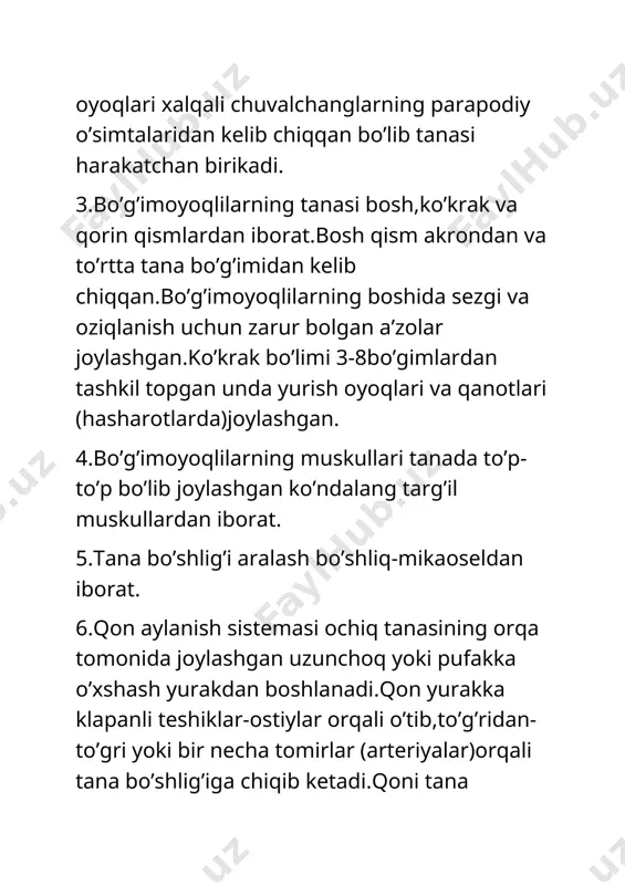 shuningdek, dafniyaning bosh qismida bittadan murakkab yoki fasetkali ko‘zi va oddiy nauplius ko‘zchasi joylashgan (54- rasm). ko‘krak qismidagi 5 juft yassi oyoqchalarida jabralari bor dafniyalar filtrlovchilardir. dafniyaning ichki organlaridan ovqat hazm qilish tizimini, yurak va nasl xonasini ko‘rish mumkin. dafniyalarning o‘rta ichagi «jigar» o‘simtasi deb ataluvchi juft o‘simta hosil qiladi. yurak tananing yelka tomonida joylashgan. dafniyalarda qon tomirlari bo‘lmaydi. yurakning ikki yon tomonida bittadan qon kiradigan va oldingi tomonida bitta qon chiqadigan teshikchalar — ostiyalari bor. yurak qisqarganda qon vazifasini bajaradigan gemolimfa suyuqligi uning oldingi teshikchasidan chiqib, bosh tomonga yo‘naladi. dafniyalar ayrim jinsli, erkaklari urg‘ochilariga nisbatan kichikroq bo‘ladi.y dafniya (daphnia pulex) ning tuzilishi. 1- antennula; 2-antenna; 3-nauplius ko‘z; 4-murakkab ko‘z; 5-maksillyar bez; 6-yurak; 7-ko‘krak oyoqlari; 8-ayricha; 9-nasl xonasi; 10-tuxumdon; 11-muskullar; 12- yuksak qisqichbaqasimonlar. o‘noyoqlilar turkumi (decapoda). daryo qisqichbaqasining tashqi va ichki tuzilishi. daryo qisqichbaqasi deyarli hamma joylardagi chuchuk suv havzalarida keng tarqalgan. uning tanasi yoshiga va jinsiga qarab 8-15 sm …