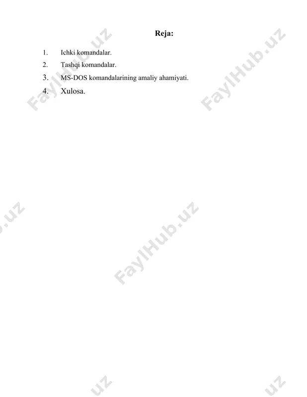 boshqa papkaga yo‘naltirilgan holda o‘tishi mumkin. cls komandasi: komanda satridagi barcha yozuvlarni tozalaydi. bu foydalanuvchi ish muhitini vizual jihatdan tartibga solish va yangi amallarni bajarishdan avval ekran ko‘rinishini yangilash uchun ishlatiladi. har doim toza va chalg‘ituvchi yozuvlarsiz ish boshlash imkoniyatini beradi. copy komandasi: fayl yoki fayllarni boshqa manzilga nusxalash uchun qo‘llaniladi. faylni zaxiralash, boshqa diskka ko‘chirish yoki bir necha fayldan yangi fayl hosil qilishda qo‘llanilishi mumkin. bu komanda yordamida, shuningdek, bir necha faylni yagona faylga birlashtirish imkoniyati ham mavjud bo‘lib, bu holat axborotlarni arxivlash yoki yagona hujjat tayyorlashda foydali bo‘ladi. del yoki erase komandasi: ms-dosda kerakmas fayllarni o‘chirish uchun xizmat qiladi. har qanday tizimda fayllarni o‘chirib turish zarurati mavjud, chunki keraksiz yoki eskirgan fayllar diskdagi joyni egallab turadi. bu buyruq juda ehtiyotkorlik bilan ishlatiladi, chunki uni bajargach, o‘chirilgan fayllarni oddiy usulda tiklashning iloji bo‘lmaydi. ren komandasi: fayllar yoki kataloglarning nomini o‘zgartirish imkonini beradi. tizimdagi fayl nomlarini standartlashtirish, ularni aniqlik kiritish …