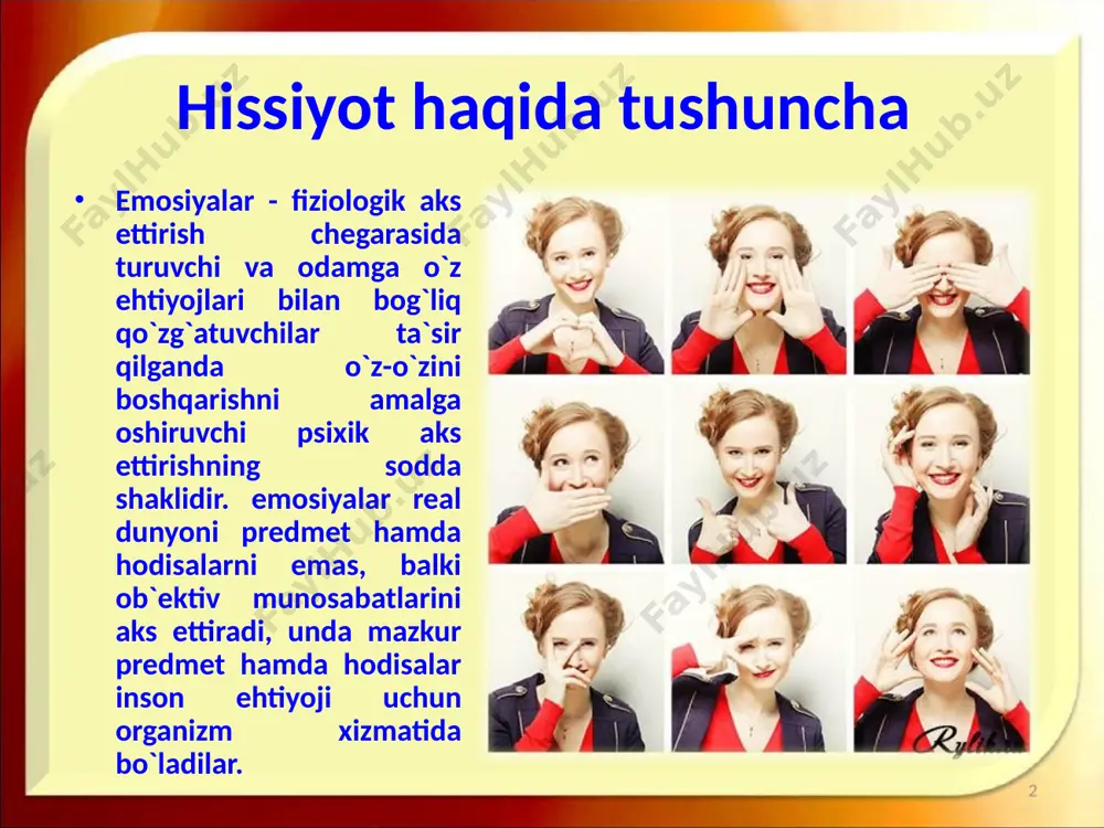 atini ifodalovchi hissiyotlar. uyalish va vijdon hissi, diniy hissiyot. axloqsiz hissiyotlar: g`arazguylik, yulg`uchlik, o`zgalardan ustunlik. intellektual hissiyotlar: havasmandlik, qiziquvchanlik, hayratlanish, taajjublanish, sinchkovlik, e`tiborsizlik, ishonch, ikkilanish, yangilikni sevish yoki undan qurqish. estetik hissiyotlar: go`zallik-xunuklik, yuksaklik-tubanlik, fojialilik-komiklik. estetik hissiyotlar axloqiy hissiyotlar bilan chambarchas bog`liqdir. his-tuyg`ularni biz uchun yoqimli va yoqimsiz bo`lgan his-tuyg`ularga ajratish mumkin. yoqimli his-tuyg`ular, ularni boshdan kechirayotgan kishining nuqtai nazari bilan qaraganda ijobiy his-tuyg`ular, yoqimsizi - salbiy his-tuyg`ular bo`ladi. ular o`rtasida birinchi va ikkinchi his-tuyg`ularga kiritilishi mumkin bo`lgan ko`pgina oraliq his-tuyg`ular mavjuddir. masalan, qo`rquv ba`zan jangovor ruhni, o`zini himoya qilish uchun aktiv harakat qilishga tayyorlikni o`z ichiga oladi; qo`rquv hissi orqaga qaytishga ham, dadil hujum qilishga ham undashi mumkin. muvaffaqiyat quvonchiga ba`zan ma`yuslik hamroh bo`ladi. his-tuyg`ular aktiv yoki passiv bo`lishi mumkin. agar kishi hayajonlangan, diqqati kuchaytirilgan bo`lsa (masalan imtihon oldida turgan talaba) yoki alohida ko`tarinkilikni (ijodiy ish davrida) his qilsa, uning tuyg`ulari aktiv bo`ladi. aksincha kishining holati noaniq bo`lsa, his-tuyg`ulari …