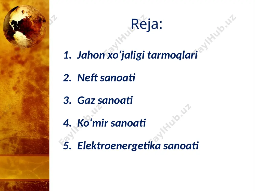 ko‘mir bemalolroq bo‘lgan mamlakatlarda, ayniqsa, ustun rivojlangan. bu tarmoq elektr stansiyalarining asosiy yoqilg‘ilari gidroelektroenergetika (gee) sanoatining rivojlanish darajasi hududlarda turlicha kattalikda bo‘ladigan gidroenergiya resurslarining qay darajada o‘zlashtirilishiga bog‘liq. atom elektroenergetika (aee) sanoati ishlab chiqarilayotgan elektroenergiya salmog‘iga ko‘ra uchinchi tarmoqdir. quyosh energiyasidan foydalanish ham juda katta istiqbollarga ega. hozirgi vaqtda quyoshli kunlar ko‘p bo‘ladigan mamlakatlarda, jumladan, aqsh, yaponiya, isroil, kipr kabilarda quyosh (gelio) qurilmalaridan foydalanib, ko‘plab uylar, issiqxonalar, ishxonalar isitilmoqda. yana bir noan’anaviy energiya manbayi shamol quvvatidan foydalanishdir. qadimdan inson turli ehtiyojlari yo‘lida shamoldan foydalanib kelgan. masalan, yelkanli dengiz kemachiligi, shamol tegirmonlari va boshqalar. image2.jpeg image3.jpeg image4.jpeg image5.jpeg image6.jpeg image7.jpeg image8.jpeg image9.jpeg image10.jpeg image11.jpeg image12.jpeg image13.png image14.png image15.jpeg image16.jpeg image1.jpeg