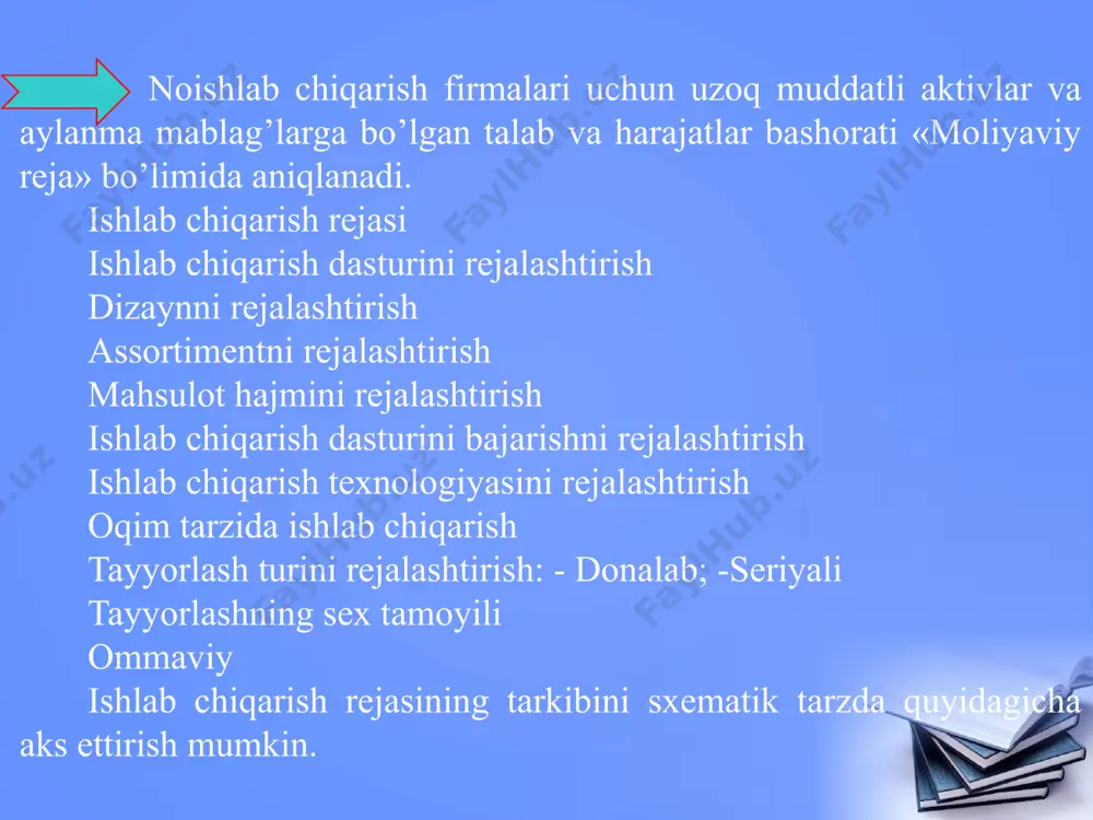 oyiha quvvatiga o’zgartirish kiritish mumkin. shu sababli amaliyotda ko’pincha loyiha quvvati korxonaning amaldagi quvvati bilan taqqoslab ko’riladi. korxonaning amaldagi quvvati ishlab chiqarish dasturini tayyorlash uchun asos bo’lib xizmat qiladi. korxonaning ishlab chiqarish quvvati odatda etakchi (asosiy) tsexlarning quvvatiga, tsexlar quvvati esa etakchi uchastkalar quvvatiga, uchastkalar quvvati esa etakchi asbob-uskunalar quvvatiga asosan aniqlanadi. korxonaning ishlab chiqarish quvvatini belgilab beruvchi asosiy elementlar quyidagilardan iborat: • asbob-uskunalarning tarkibi va turlari bo’yicha soni; • asbob-uskuna, qurilma va stanoklardan foydalanishning texnik-iqtisodiy normalari; • asbob-uskunalarning ishlash vaqti fondi; • ishchilar soni; • chiqarilayotgan mahsulot nomenklaturasi va assortimenti. korxonadagi etakchi bo’g’in (tsex) ishlab chiqarish quvvatini quyidagi formula asosida hisoblash mumkin: bu erda: m - sexning, uchastkaning ishlab chiqarish quvvati, belgilangan o’lchov birligida; n - sexda (uchastkada) etakchi asbob-uskunalar soni; fmaks - etakchi asbob-uskuna ishlab berishi mumkin bo’lgan maksimal vaqt fondi, soat; mm - etakchi asbob-uskunada mahsulot tayyorlash uchun mehnat sig’imining progressiv normasi, soat. korxonada mavjud quvvatlarning ishlab …