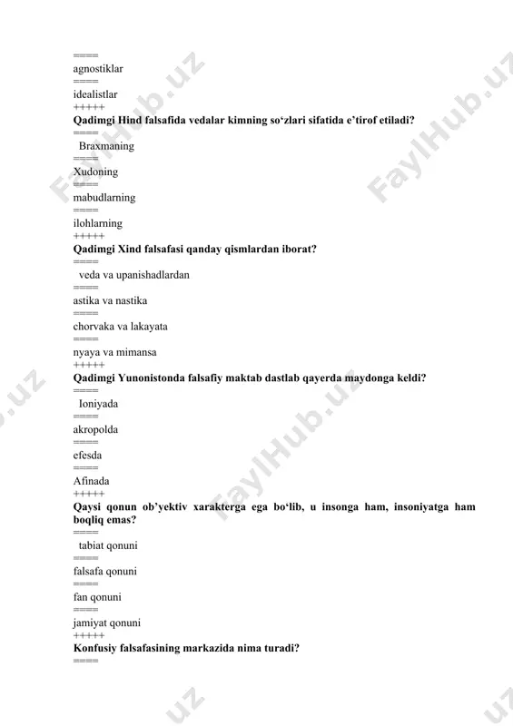 germenevtika ==== sinergetika ==== epistemalogiya ==== tanatalogiya +++++ nemis klassik falsafasining asoschisi kim? ==== immanuil kant ==== gegel ==== feyerbax ==== lametri +++++ narsa va hodisalarning vujudga kelishi, shakllanishi va rivojlanishini ta’minlaydigan shart-sharoitlar, munosabatlar majmuasi nima? ==== zaruriyat ==== imkoniyat ==== tasodif ==== voqelik +++++ antik faylasuflarni ko‘rsating? ==== fales, anaksimandr, anaksimen ==== braxma, nyaya, chorvaka, lakayata ==== f.bekon, t.gobbs, j.berkli ==== ch.pirs, o.kont, m.polani +++++ ontologiya tushunchasini falsafada birinchi bor kim qo‘llagan? ==== x. volf ==== i.prigojin ==== m.xaydeger ==== xaken +++++ hukm terminlari birdan ortiq bo‘lsa, qanday hukm deb ataladi? ==== murakkab ==== aniq ==== juziy ==== oddiy +++++ xissiy bilish nechta shakldan iborat? ==== 3 qisimdan iborat ==== 2 qisimdan iborat ==== 4 qisimdan iborat ==== 5 qisimdan iborat +++++ miqdoriga ko‘ra qanday xukmlar yakka, umumiy va juz’iy hukmlarga bo‘linadi? ==== oddiy hukmlar ==== juz’iy xukmlar ==== umumiy xukmlar ==== murakkab xukmlar +++++ “xamma insonlar o‘lishga maxkum” …