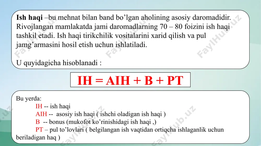 ngan tushumlar, mulkdan olingan daromadlar (foiz, devident va h.k.) tadbirkorlar faoliyatidan olgan daromadlar, shuningdek sug'urta to'lovlari, ssudalar, chet el valyutasini sotishdan olingan daromad va oshqa daromadlarni o'z ichiga oladi. bu ko'rsatkich faqat ishlovchi uy xo'jaligi a'zolariga nisbatan hisoblanadi va ular quyidagilami o'z ichiga oladi: mehnat haqqi, aralash daromadlar, mulkdan olingan sof daromadlar, foyda va uy joy egalari olgan unga tenglashtirilgan daromadlar. aholining pul daromadlari aholi xamma kategoriyalari ish haqi, pensiya, nafaqa, stipendiyalar va boshqa ijtimoiy transfertlar, qishloq xo'jaligi mahsulotlarini sotishdan olingan tushumlar, mulkdan olingan daromadlar (foiz, devident va h.k.) tadbirkorlar faoliyatidan olgan daromadlar, shuningdek sug'urta to'lovlari, ssudalar, chet el valyutasini sotishdan olingan daromad va oshqa daromadlarni o'z ichiga oladi. o'rtacha jon boshiga to'g'ri keladigan pul daromadlarini aniqlash uchun pul daromadlari umumiy summasini o'rtacha yillik mavjud aholi soniga bo'linadi. xodimlarga hisoblangan o'rtacha oylik ish haqi tarmoqar bo'yicha hisoblangan oylik ish haqi fondini o'rtacha ro'yxatdagi xodimlar soniga bo'linadi. xodimlar tomonidan olingan davlat …