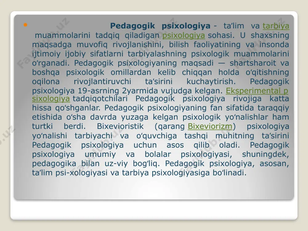 lish davrida rivojlanish tendentsiyalaridan ortiq toki yangicha o’qish tehnalogiyalarini bola tomonidan o’zlashtirishi va undagi aqliy intelektual qobiliyatlarga nechog’lik ta’sir ko’rsatayotganligini o’rganish, ma’naviy barkamollik tamoyillarini maktabda va yangi tipdagi ta’lim muassasalarida joriy etish ham shahs psixalogiyasini teran bilgan holda o’qitishning eng ilg’or va zamonaviy shakllarini amaliyotga tadbiq etishning taqozo etadi. yosh davrlari psixologiyasi fanining mavzu baxsi bolaning tug’ilishidan boshlab voyaga yetguncha har psixologik rivojlanishi shaxsning tarkib topishi muammolarini ularning psixologik manbalarini urganishdan iborat. inson shaxsini tasdiq qilish biogenetik psixogenetik kangtivistik sotsigenetik psixoanalitik bixevioristik pedagog psixologiyasi esa ta’lim va tarbiyaning psixik qonuniyatlarini va mehanizmlarini o’rganadi. yosh va pedagogik psixologiya aloxida predmet sifatida xix asr boshlarida vujudga kelgan. rossiyada mazkur soxadagi tadkikotchilar namunalari shark ka garb madaniyati taьsirida inson ruxiyati bilan boglik kator ogzaki va yozma, va ilmiy asarlarda paydo bula boshladi. dastlabki pedagogik-psixologik mazmunidagi asarlar 17-18 asrlarda diniy axlokiy tarzda yozilgan edi. 18 asrlan boshlab bolalar psixologiyasi buyicha muayyan tartibga, yunalishga va …