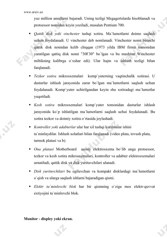talar urtasidagi masofa kichkina bo`lsa, shuncha ekrandagi ma`lumotlar aniq xolda ko`rinadi klaviatura ma`lumotlarni kiritish qismi. klaviaturalar tugmalar soni (101-109 tugmali) bo`yicha farqlanadi. klaviatura bilan biz keyingi mavzularda yaqinroq tanishamiz. qo`shimcha qurilmalar sichkoncha amallarni tanlash qismi. sichqonchalar tugmalar soni (2 va 3 tugmali) va ishlash holatlari (trekbol va sensor panel) bo`yicha farqlanadi. printerlar ma`lumotlarni bosmaga chiqarish qismi. printerlarning lazer, matritsali (ignali) va sepuvchi turlari mavjud. ular har biri ishlash xolati, tezligi, bosmani sifati va narxi, hamda ranglar bo`yicha farqlanadi. modem ma`lumotlar bilan telefon aloqa orqali almashish qismi. modemlar tezligi (2400 bit sekunddan - 33600 bit sekundgacha) bo`yicha farqlanadi. telefonda hamma ma`lumotlar tovush holatida bo`ladi, komp`yuterda esa raqamlar holatida. shuning uchun bitta modem raqamlarni tovush holatiga o`tkazadi, ikinchisi esa tovushlarni raqamlarga o`tkazadi. bu holat «modelirovanie» va «demodulirovanie» deb nomlanganligi uchun bu qurilmalar modem deb nomlangan skanerlar tasvir va matn ma`lumotlarini komp`yuterga kiritish qismi. skanerlar rangli va rangsiz bo`ladi. ular tasvirlarni olish sifati …