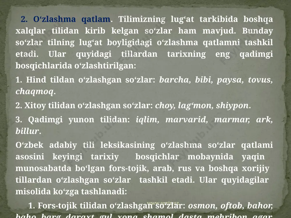 ‘lgandan so‘ng tilimizda paydo bo‘lgan faxriy - veteran, noib - deputat, tuman - rayon, tayyora - samolyot kabi so‘zlar yangi so‘zlardir. yangi so‘zlarning nofaol so‘zlar qatoridan o‘rin egallashi sababi shundaki, ular paydo bo‘lgandan keng iste’moldagi so‘zlar singari barchaning nutqida birdek ishlatilavermay-di. biroq vaqtlar o‘tishi bilan yangi so‘zlar ham keng iste’moldagi so‘zlar qatoridan o‘rin egallashi mumkin. www.arxiv.uz 5. uslubiy jihatdan o‘zbek tili leksikasi tilning lug‘at tarkibidagi so‘zlar nutqning biror uslubiga xoslangan bo‘lishi yoki nutq uslublariga betaraf bo‘lishi mumkin. shunga ko‘ra lug‘aviy birliklar ikki guruhga bo‘linadi: uslubiy betaraf so‘zlar va uslubiy xoslangan so‘zlar. uslubiy betaraf so‘zlar nutq uslublarining birortasiga xoslanmay, barcha uslublarda birdek qo‘llanilaveradigan lug‘aviy birliklardan tashkil topadi: havo, suv, daraxt, bir, ikki, hamma, biz, siz, turmoq, yugurmoq kabilar shular jumlasidandir. nutqning ayrim-ayrim ulublari uchungina xizmat qiladigan so‘zlar uslubiy xoslangan so‘zlar deyiladi. bunday maxsus so‘zlar dastavval og‘zaki nutqda yoki yozma nutqda qo‘llanishiga ko‘ra ikkiga ajraladi. masalan, hazar qilmoq, birlashmoq, hunar, o‘rin, arzimagan …