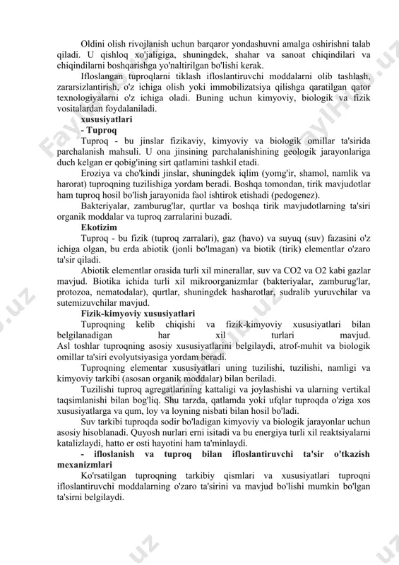 . xuddi shu tarzda, landshaft tanazzulga uchraydi va ulkan iqtisodiy yo'qotishlarga olib keladi. biz neft sanoatida tuproq ifloslanishining misollarini topamiz, masalan, sharqiy ekvadorda suv havzalari qurilgan. ushbu lagunlar yaxshi yopilmagan va turli zaharli moddalar infiltratsiya orqali tuproqni ifloslantirgan. tuproqning ifloslanishining juda keng tarqalgan holati sanitariya chiqindixonalari deb ataladi. buxaramanga (kolumbiya) da qattiq chiqindilar 40 yildan ortiq vaqt davomida yomon boshqaruv bilan saqlanib, kasalliklar manbaiga aylandi. yana bir misol - yomon tasavvur qilinmagan infratuzilma va rivojlanish loyihasi tufayli orinoko daryosi deltasidagi (venesuela) mamo kanalining holati. bu erda suv o'tkazgichi bo'lib xizmat qilgan va hududning suv rejimini o'zgartirib, tuproqlarning kislotaliligini keltirib chiqaradigan yo'l bo'yi qurilgan. tuproqning ifloslanishi muammosining echimlari oldini olish va tiklashni o'z ichiga olgan keng qamrovli boshqaruvga loyiqdir. oldini olish rivojlanish uchun barqaror yondashuvni amalga oshirishni talab qiladi. u qishloq xo'jaligiga, shuningdek, shahar va sanoat chiqindilari va chiqindilarni boshqarishga yo'naltirilgan bo'lishi kerak. ifloslangan tuproqlarni tiklash ifloslantiruvchi moddalarni olib tashlash, zararsizlantirish, …