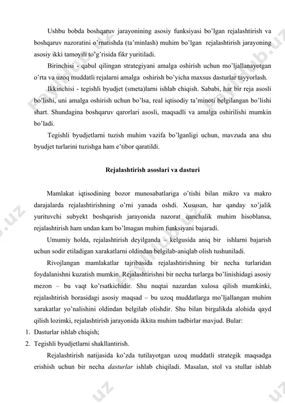 kkita muhim tadbirlar mavjud. bular: 1. dasturlar ishlab chiqish; 2. tegishli byudjetlarni shakllantirish. rejalashtirish natijasida ko’zda tutilayotgan uzoq muddatli strategik maqsadga erishish uchun bir necha dasturlar ishlab chiqiladi. masalan, stol va stullar ishlab chiqarish va kelgusida ulardan foyda olish uchun sotish maqsadini belgilashda, quyidagi dasturlar ishlab chiqish maqsadga muvofiqdir: ishlab chiqarishning uskuna va materiallar bilan ta’minlash dasturi; ishlab chiqarishning malakali ishchi kuchi bilan ta’minlash; ishlab chiqilgan mahsulotlarni sotishning optimal dasturi va sh.k. ana shu har bir dasturning ishlashi, ya’ni dastur doirasida belgilangan tadbirlar bajarilishi ma’lum miqdordagi mablag’ bilan ta’minlanishni ta’lab qiladi. shunga muvofiq, dasturlar bo’yicha tegishli byudjetlarni ishlab chiqish va shakllantirish – rejalashtirishdagi muhim bir omildir. an’anaviy tarzda byudjet ikki qismdan iborat bo’lib, uning dastlab daromad qismi shakllanishi ta’minlanadi, so’ngra shakllangan mablag’larning xarajat qilish moddalari belgilanadi. dasturlar bo’yicha tegishli byudjetlarni tuzish xo’jalik yurituvchi subyekt miqyosida boshqaruvning bir tizimga solishni ta’minlab qolmasdan, kelgusida operativ tarzda har bir dasturning bajarilishini kuzatish, tegishli …