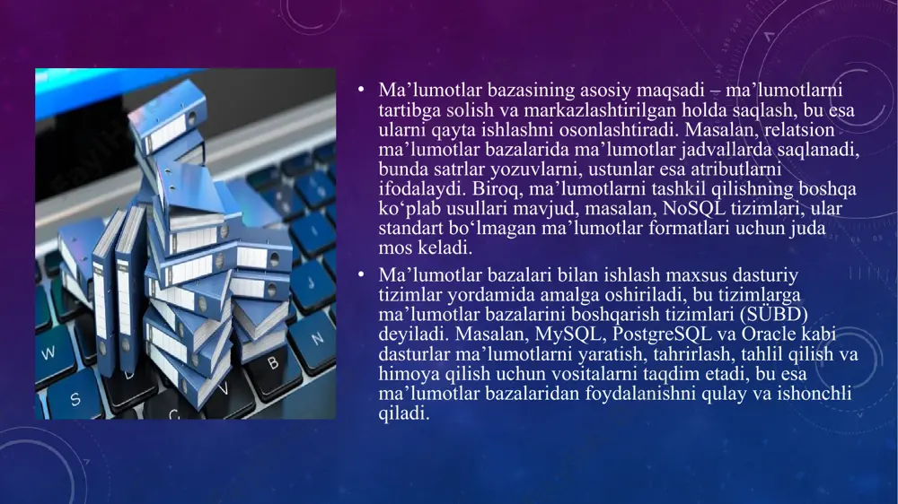 umotlarni qayta tiklash va takrorlash. mbbt ma’lumotlarni qayta tiklash va takrorlash ustidan zarur nazoratni amalga oshirishi kerak. 5) ma’lumotlar lug’ati. mbbt ma’lumotlar lug’ati funksiyasini ta’minlashi kerak (bu holda "ma’lumotlar ombori" va "ma’lumotlar ensiklopediyasi" degan ma’noni anglatadi). lug’at ma’lumotlar (metama’lumotlar) haqidagi ma’lumotlarni o’z ichiga oladi, kengaytirilgan lug’at qaysi dasturlar ma’lumotlar bazasining qaysi qismidan foydalanishini ko’rsatadigan o’zaro havolalarni o’z ichiga oladi amaliy tizimlarning axborotga bo’lgan ehtiyojlarining jadal rivojlanishi murakkab va oddiy ma’lumotlar bazalarini yaratishga turli xil yondashuvlarni talab qiladi. ma’lumotlar bazasining murakkabligi axborotlashtirish hajmi va tuzilishi, uning turlarining xilma-xilligi, fayllar orasidagi bog’lanishlarning ko’pligi, ishlash va ishonchlilik talablari bilan belgilanadi. shu munosabat bilan ma’lumotlar bazalarini tashkil etishga qo’yiladigan asosiy talablar aniqlandi: 1) ma’lumotlar bazasi amaliy dasturlarning kelajakda o’sishi uchun asosdir. ma’lumotlar bazalari ilovalarni ishlab chiqishni oson, tezroq va arzonlashtirishi kerak; 2) ma’lumotlarni qayta ishlatish - bir xil ma’lumotlarni turli yo’llar bilan tushunadigan foydalanuvchilar ularni turli usullarda ishlatishlari mumkin; 3) intellektual mehnat xarajatlarini tejash …