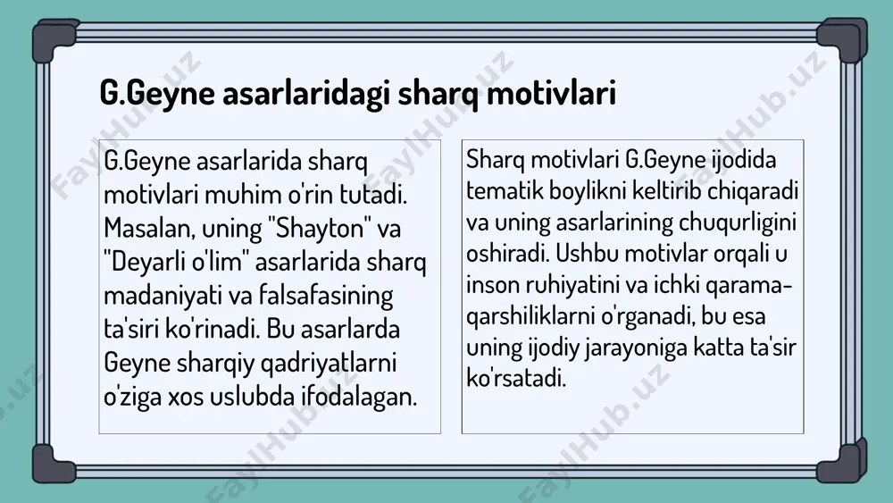 laydi. sharq motivlarining g.geyne asarlaridagi aks etishi g.geyne asarlarida sharq motivlari ko‘plab misollar bilan namoyon bo‘ladi. masalan, "faust" asarida sharqning mistik unsurlari va falsafiy fikrlari yoritilgan. bu motivlar inson ruhiyatining murakkabligini aks ettiradi. sharq motivlari g.geyne asarlarida insoniy his-tuyg‘ularni ifoda etishda muhim rol o‘ynaydi. ular, hayotning ma'nosi, muhabbat va o‘lim kabi mavzularni chuqur tahlil qilishda yordam beradi. g.geyne va sharq motivlarining o'zaro aloqalari g.geyne ijodi sharq motivlari bilan boyitilgan. uning asarlarida insoniy hissiyotlar va sharq madaniyatining o'zaro ta'siri ko'rinadi. sharq motivlari g.geyne asarlarida chuqur ma'no va ahamiyat kasb etadi, bu esa o'z navbatida o'quvchilarga yangi ko'z bilan qarash imkonini beradi. xulosa g.geyne asarlarida sharq naqshlarining o'ziga xos xususiyatlari muhim o'rin tutadi. ularning rang-barangligi va simvollariga e'tibor qaratish zarur. sharq naqshlari inson his-tuyg'ularini ifodalashda muhim rol o'ynaydi, bu esa o'quvchilarga chuqur hissiy tajriba taqdim etadi. g.geyne asarlarida sharq madaniyatining ta'siri zamonaviy madaniyatda ham o'z aksini topadi, bu ijodda an'anaviy va zamonaviy …