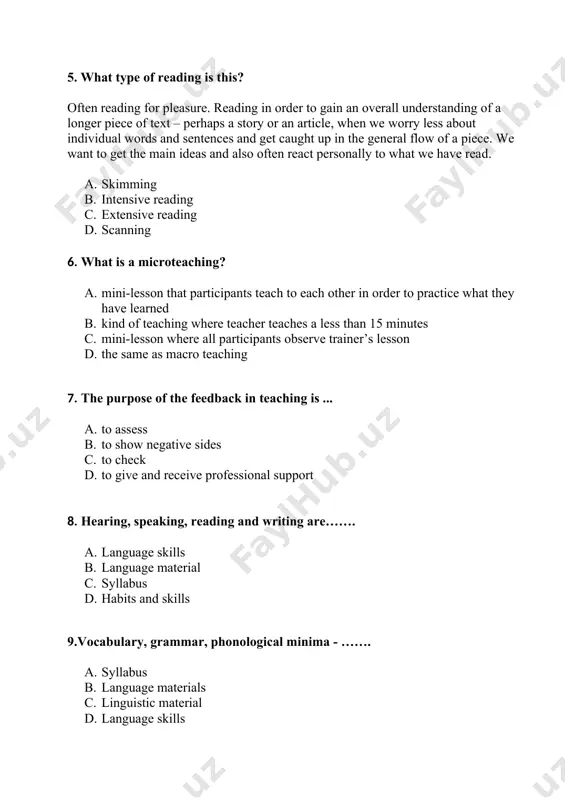 aking, reading and writing are……. a. language skills b. language material c. syllabus d. habits and skills 9.vocabulary, grammar, phonological minima - ……. a. syllabus b. language materials c. linguistic material d. language skills 10. what is portfolio? a. collection of work, materials that a learner or course participant collects and puts together in a file, usually for assessment. b. collected materials for teaching. c. case for note books d. students’ brief case. 11. what is the communicative approach? a. the communicative approach is a certain methodology b. it is the style of learning a foreign language c. the communicative approach is the best-known current approach to language teaching. d. it is a method 12 what is productive skills? a. speaking and writing. learners are required to produce the language by speaking and writing. b. listening and reading. learners are required to introduce the language by listening and reading. c. …